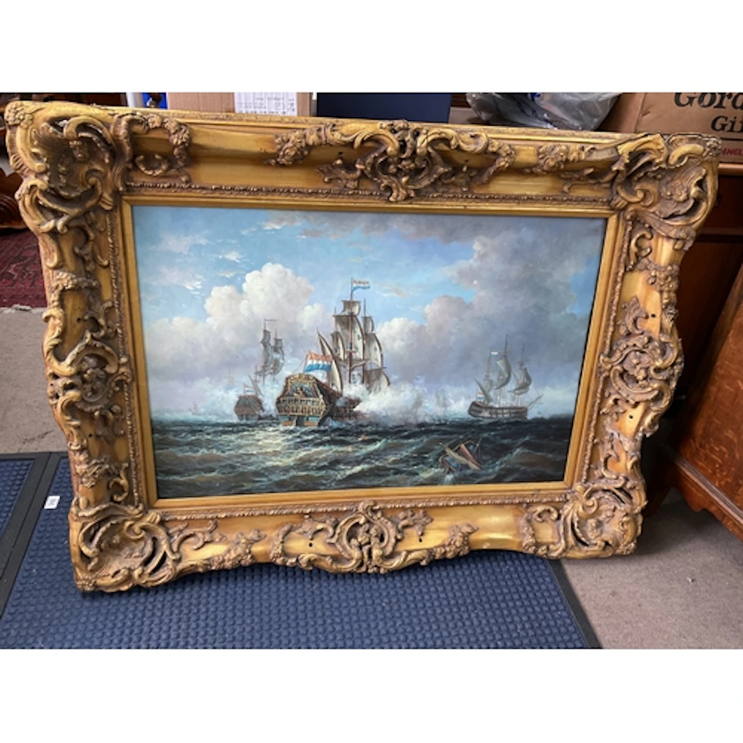 Large gilt framed oil on canvas of Dutch man of wars with ho...