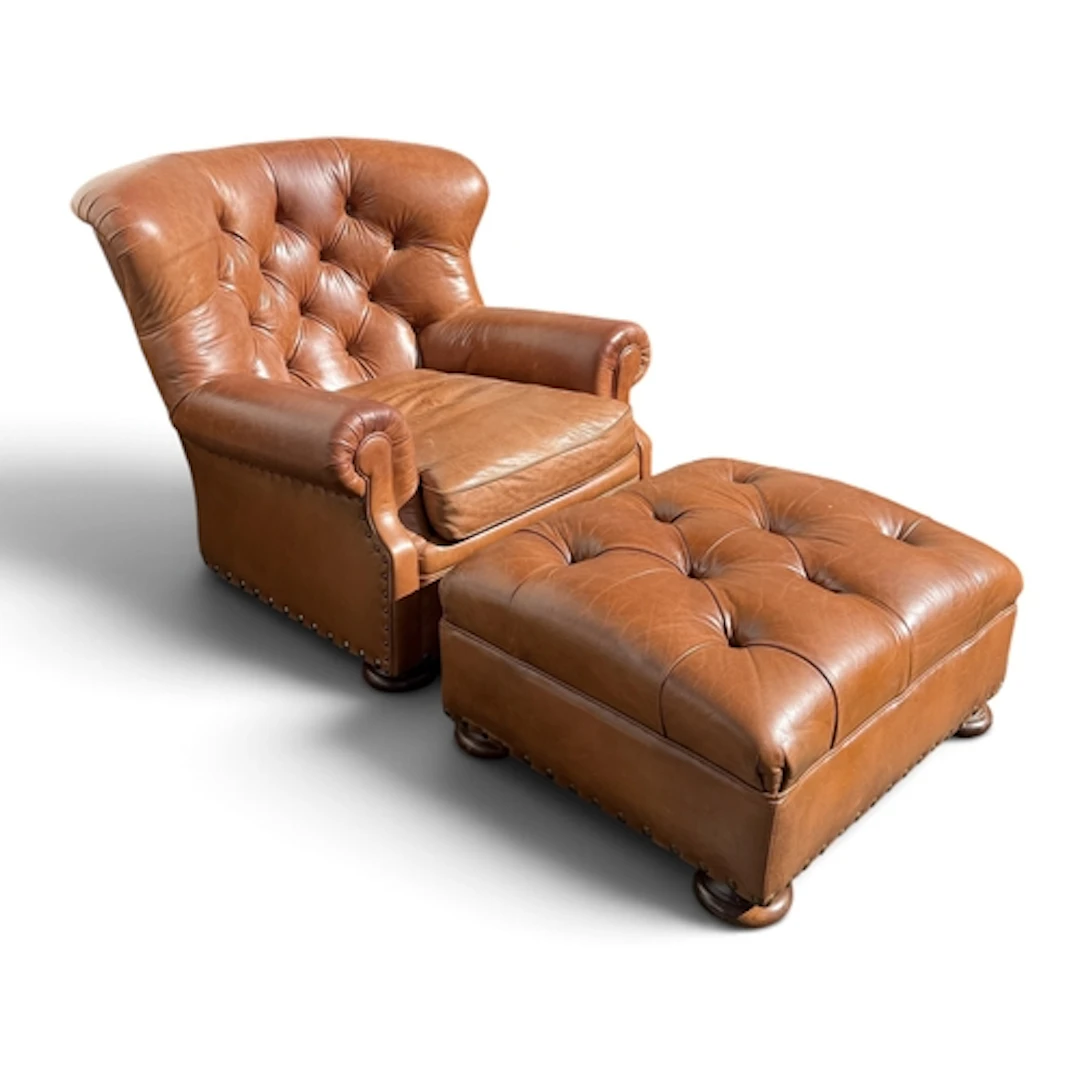 A TAN LEATHER RALPH LAUREN ARMCHAIR WITH MATCHING FOOTSTOOL ...