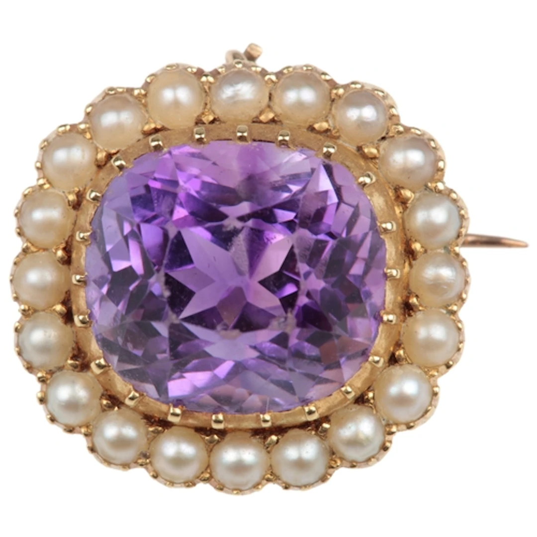 An Edwardian amethyst and seed pearl brooch, early 20th cent...