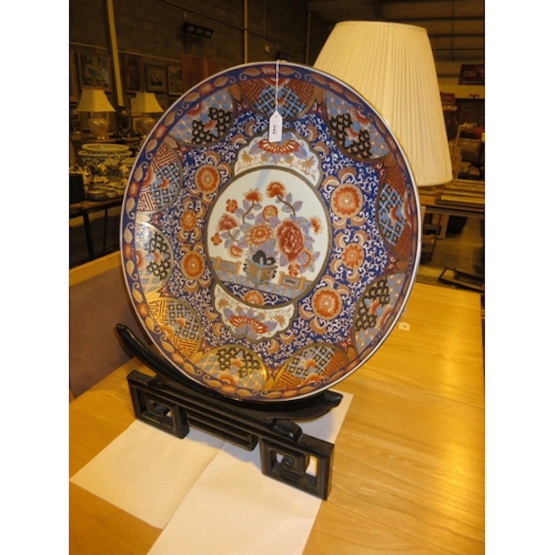 Large Chinese Porcelain Charger, 56.5cm, on a Wooden Stand
