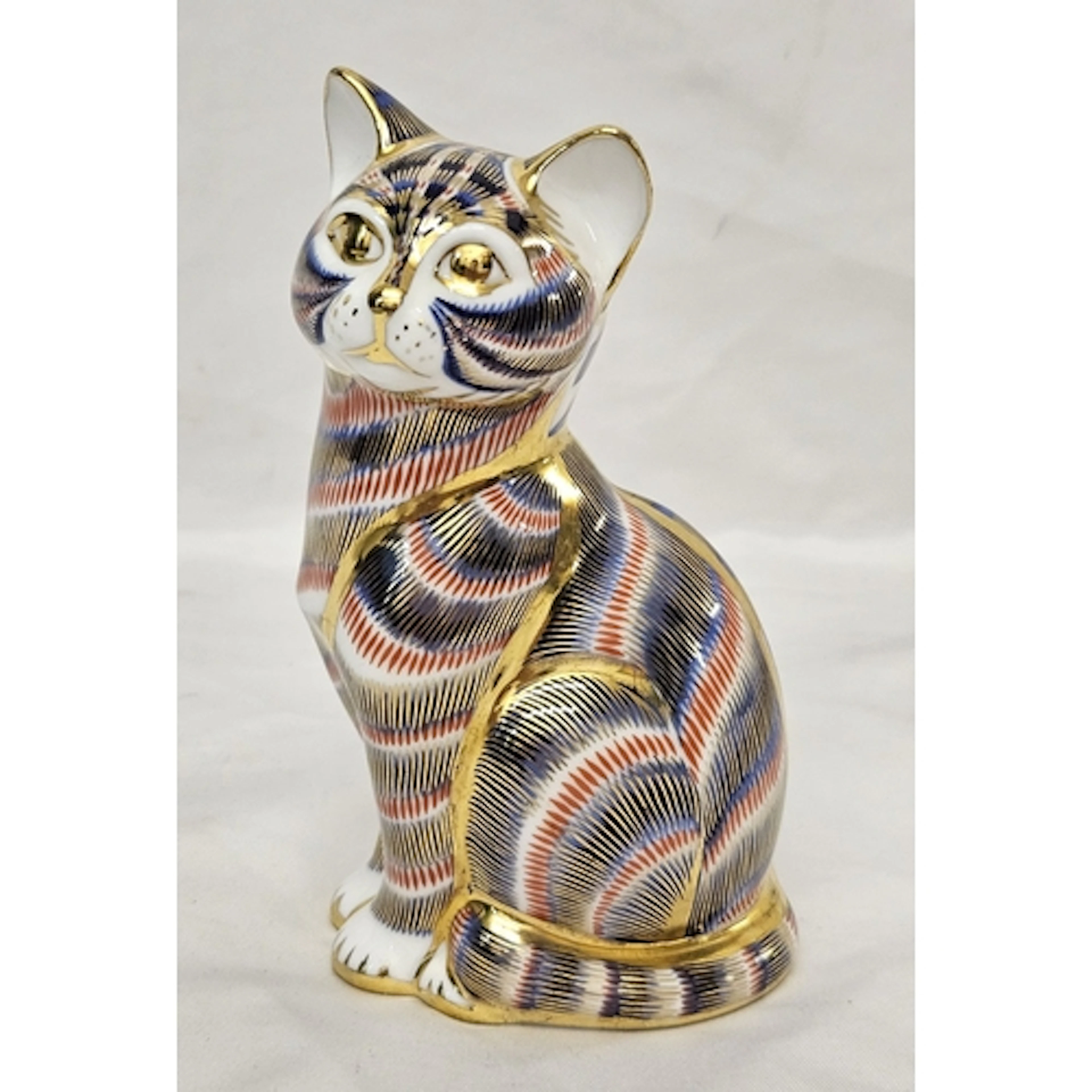 Royal Crown Derby Imari Porcelain Cat, with gold tone button...