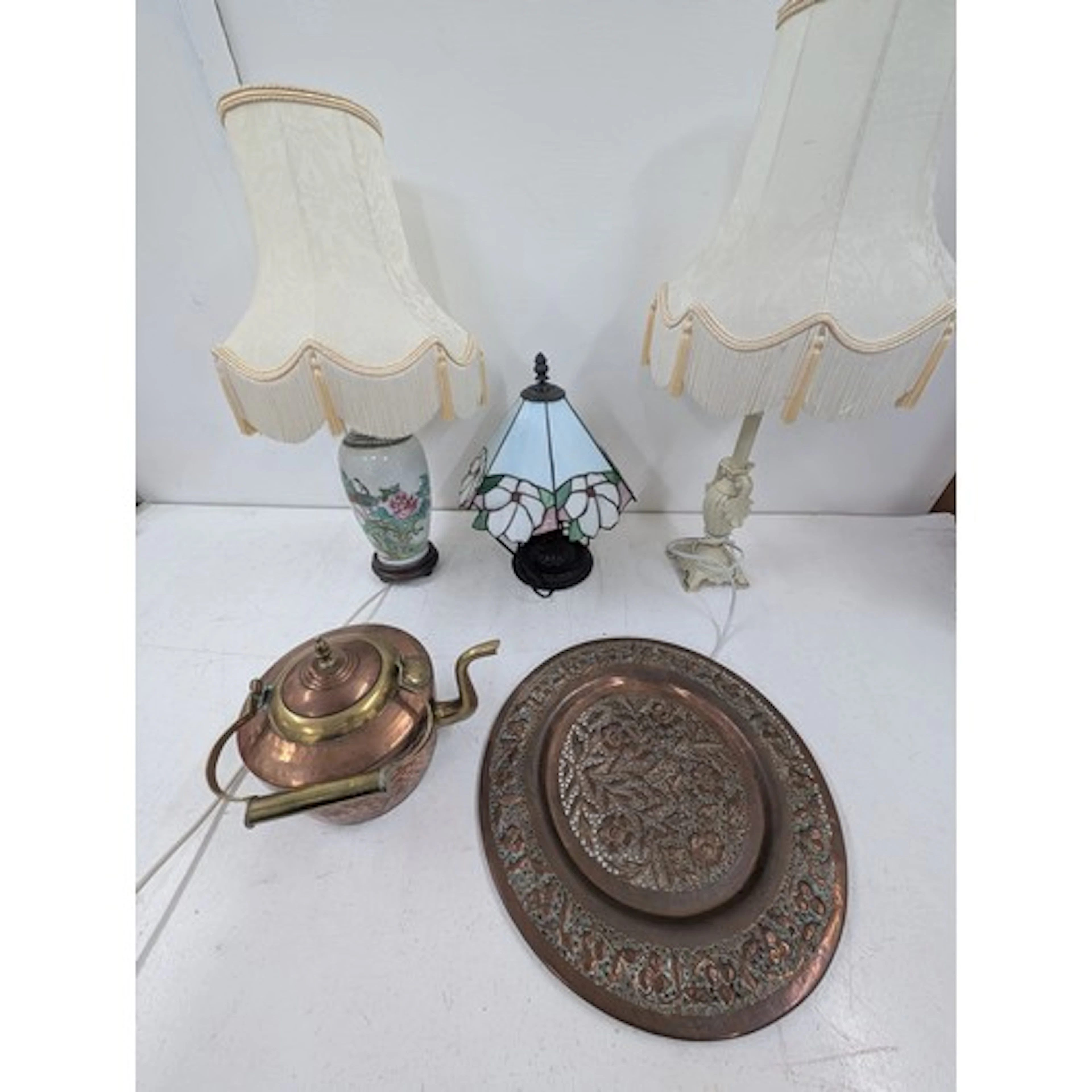 Three lamps to include a Tiffany style lamp, a Chinese examp...