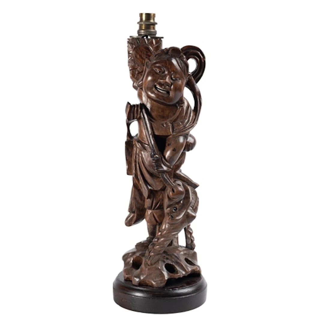 A Chinese carved hardwood wood figure leading a mythical bea...