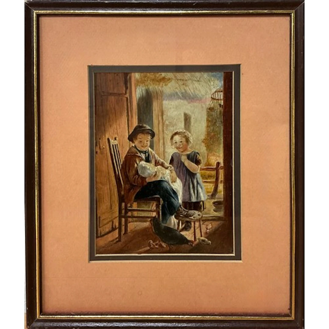 Victorian school Cottage interior with children and chicken...