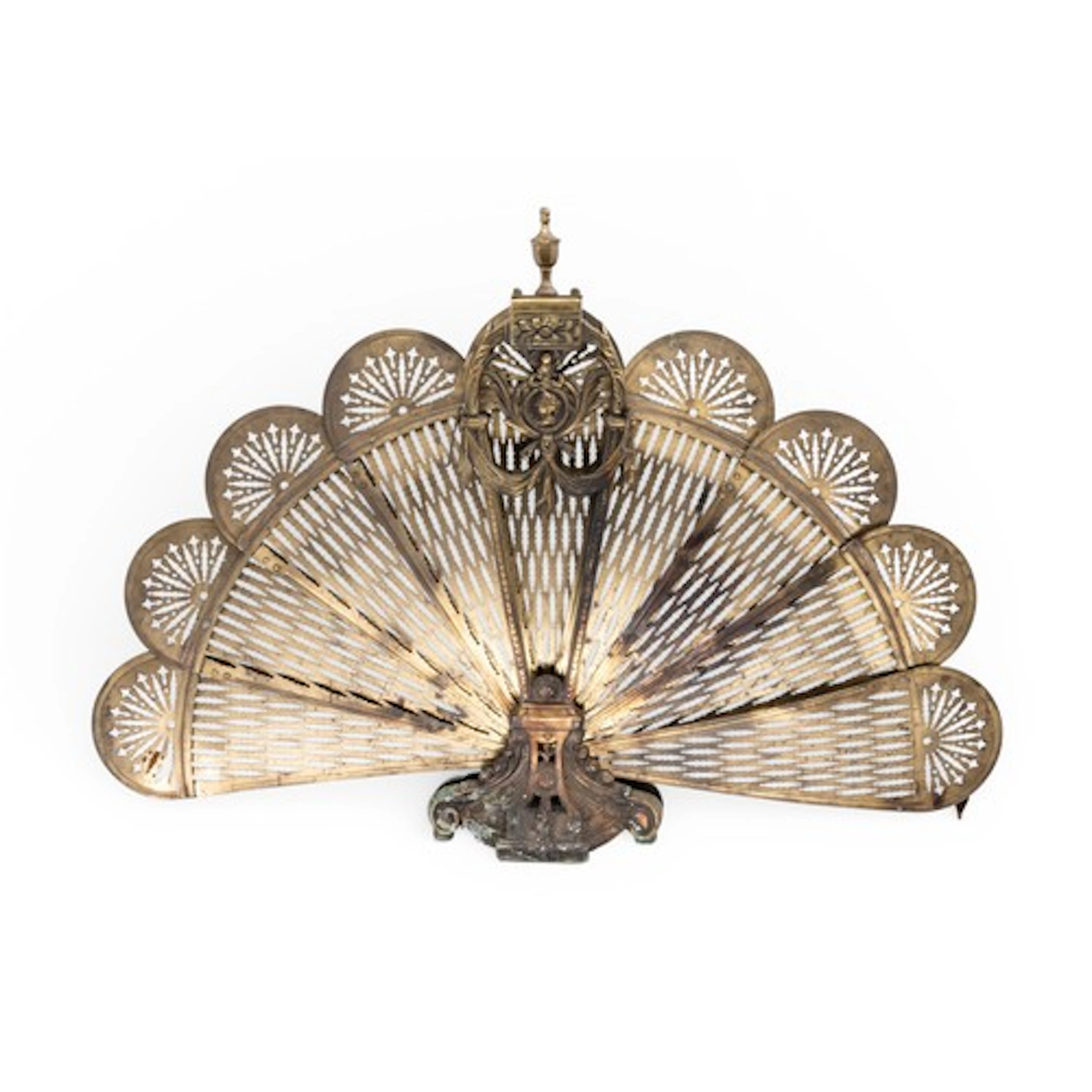 A VINTAGE 'PEACOCK' FOLDING FIRE GUARD with nine pierced fan...