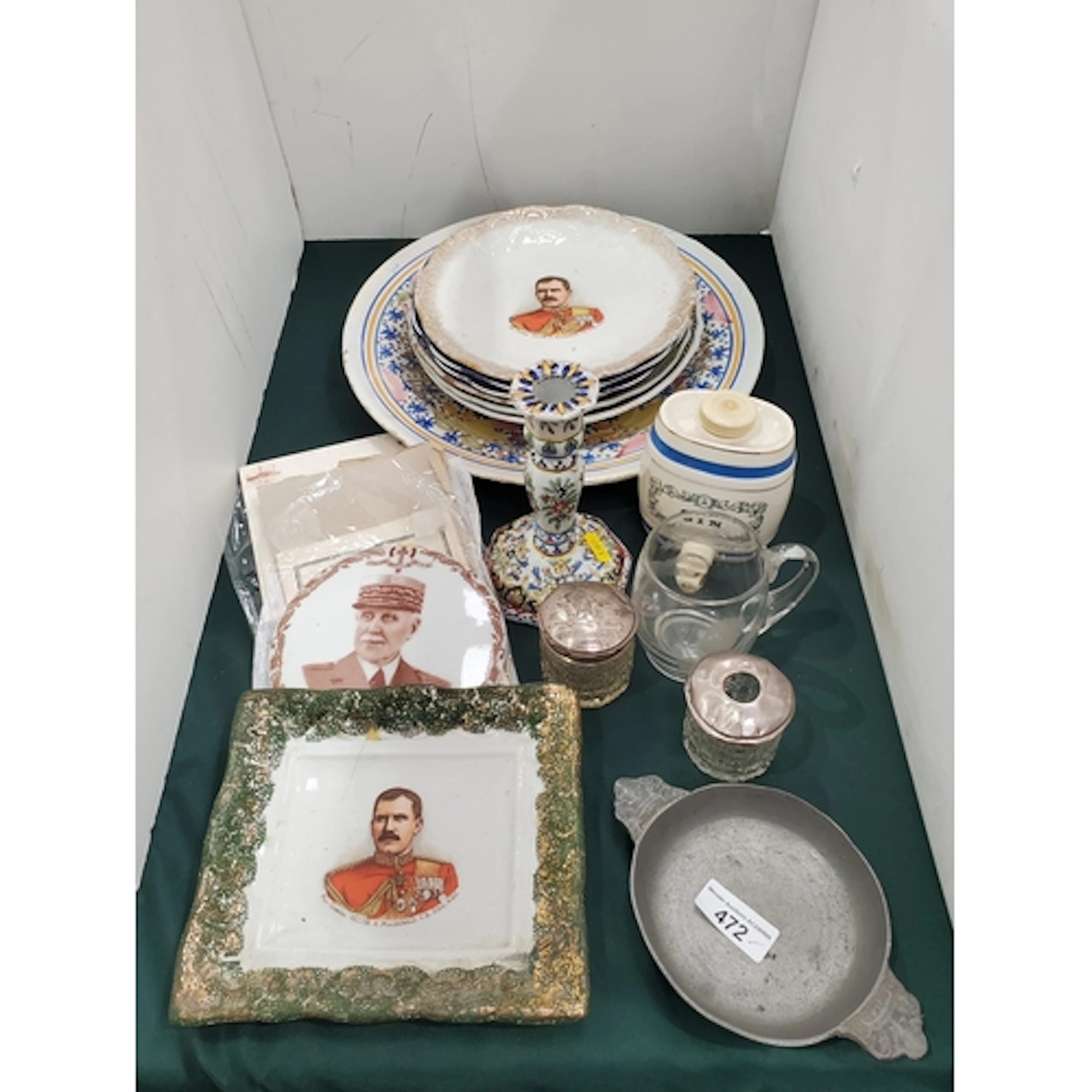 Two silver mounted glass Dressing Table Jars, A/F, a faience...