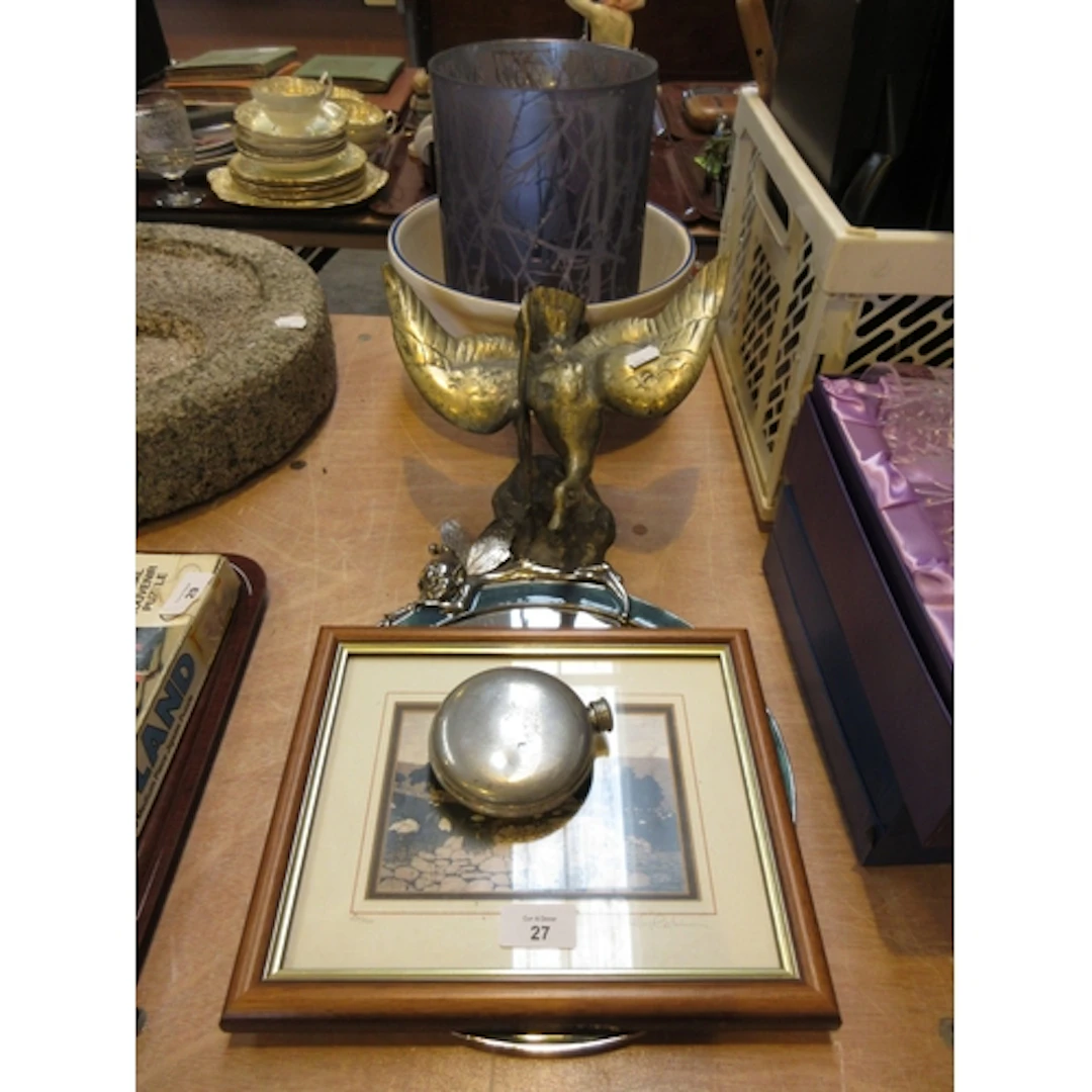 Mirror, Picture, Hip Flask, Brass Bird, Vase and Bowl