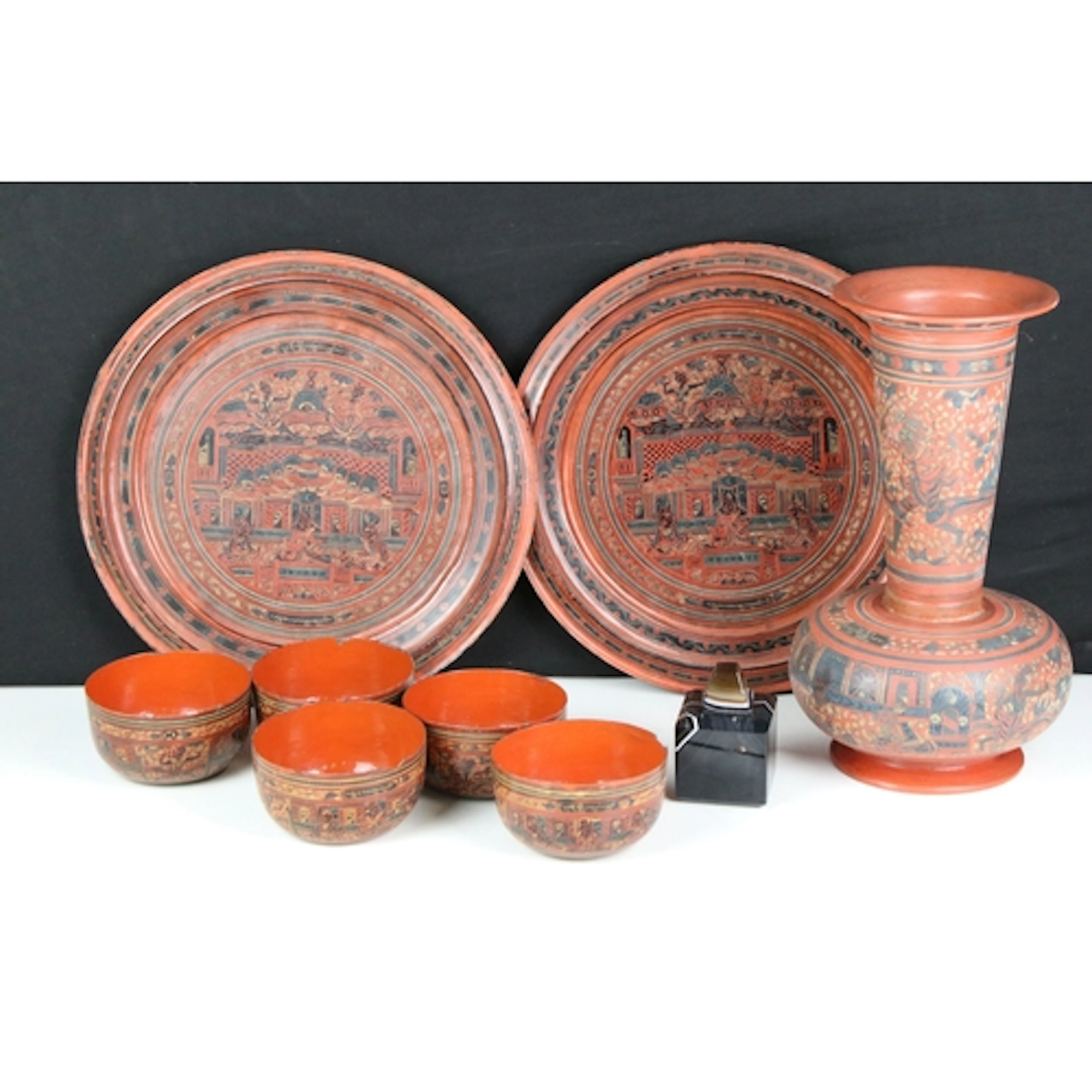 Collection of Siam lacquered items to include a vase of squa...