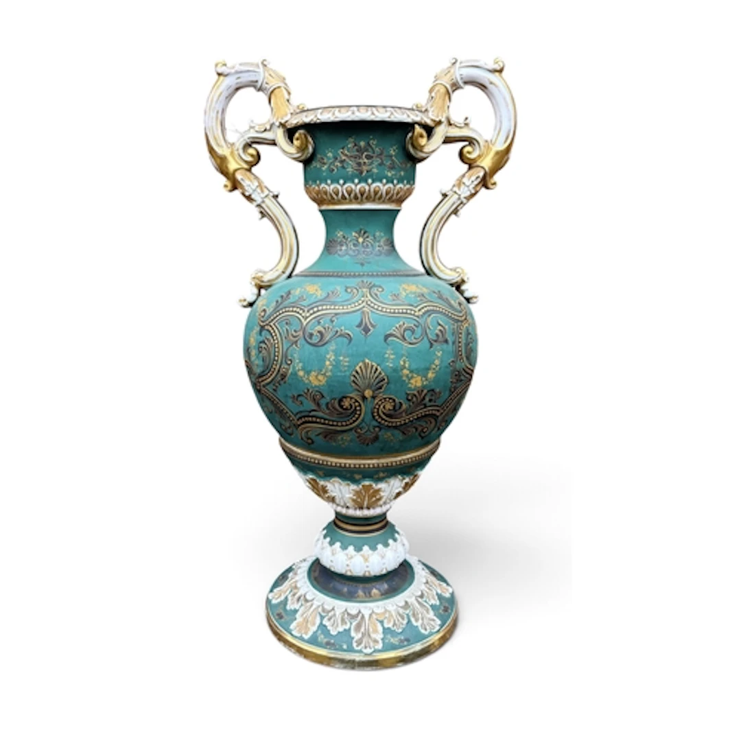 A LARGE CONTINENTAL GREEN GROUND TWIN HANDLED VASE Painted i...