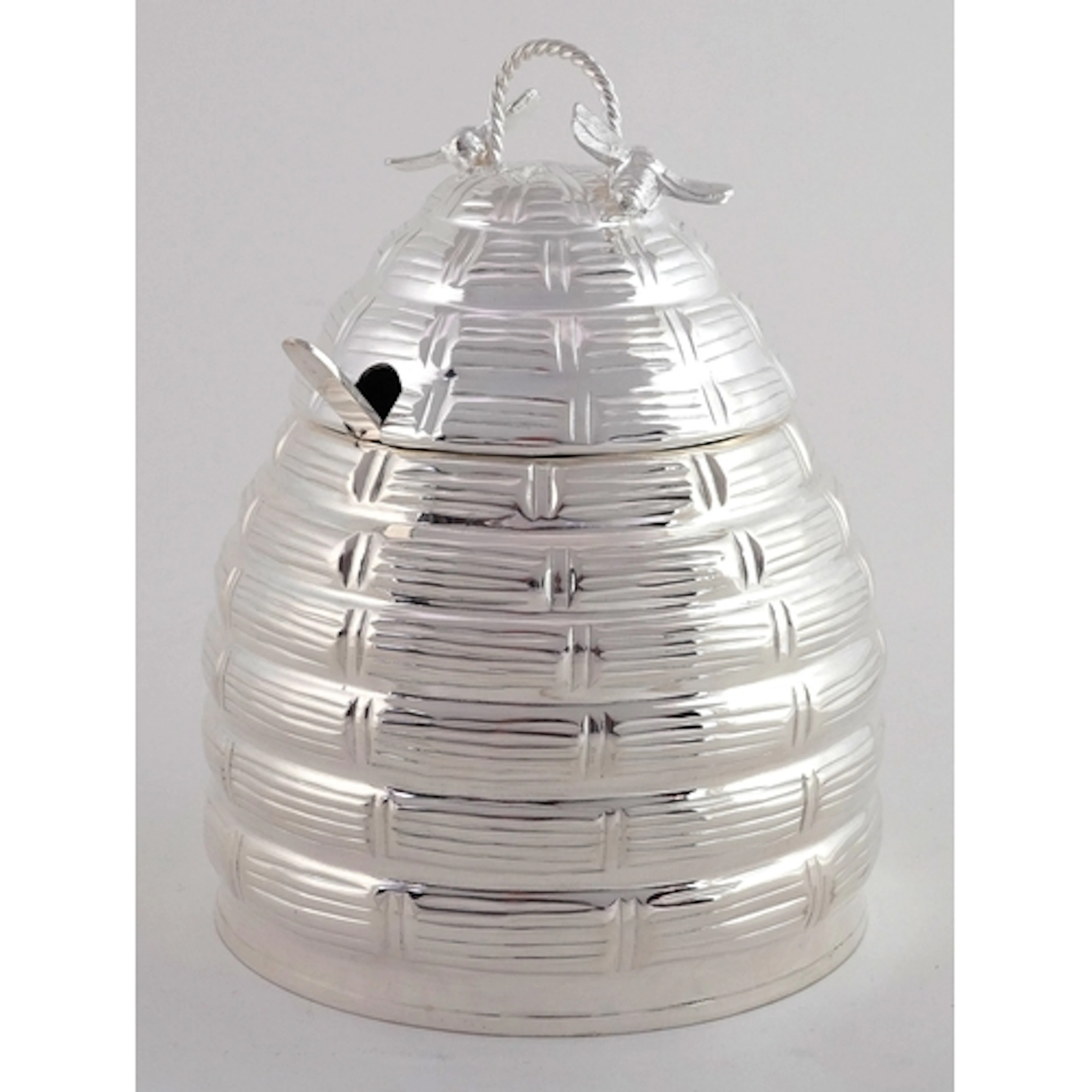 Silver plated beehive preserve jar with spoon and glass line...