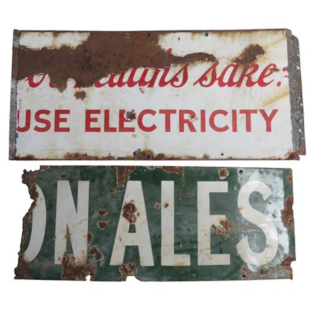 A VINTAGE ENAMELED 'USE ELECTRICITY' SIGN (38 x 78 cm) toget...