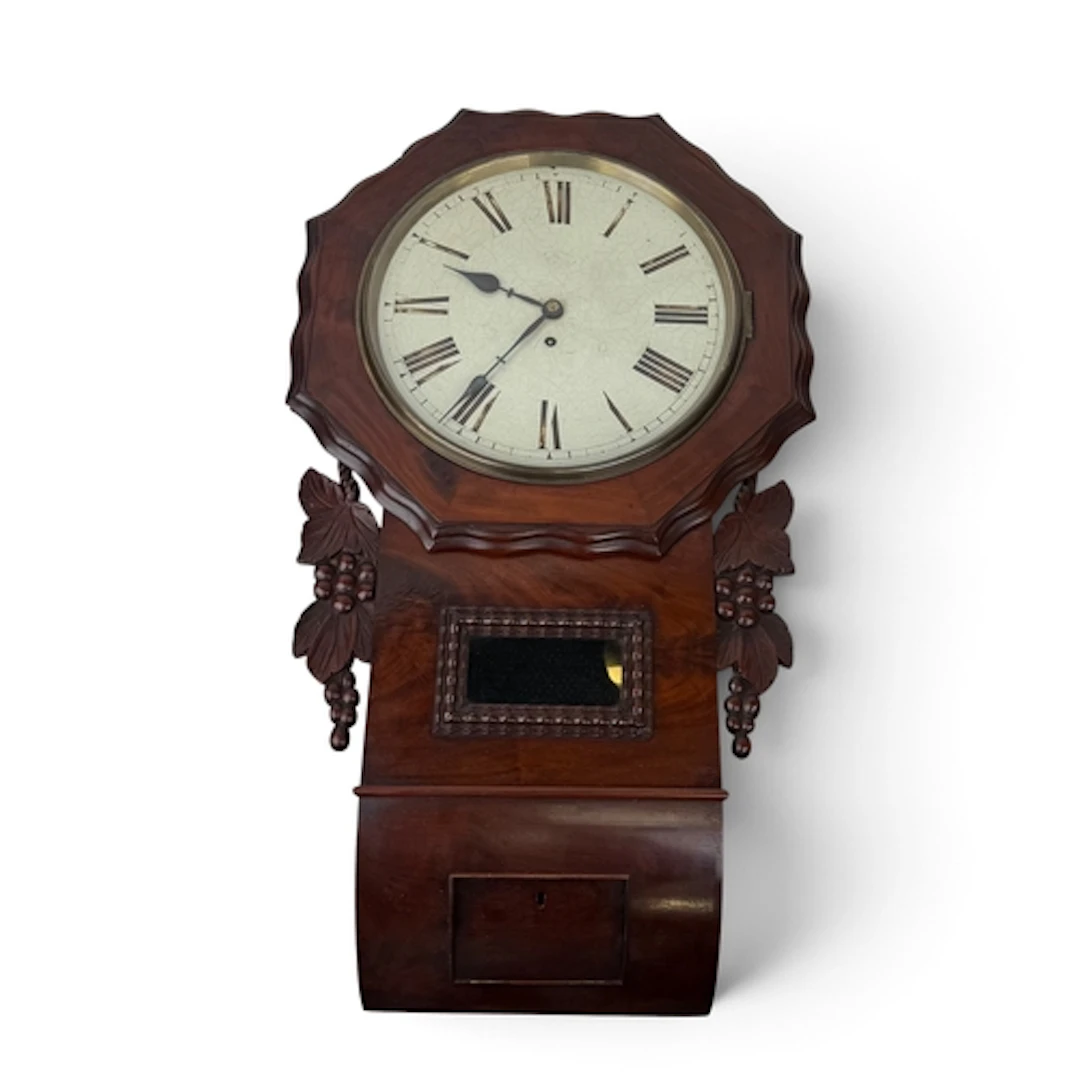A VICTORIAN MAHOGANY CASED DROP DIAL WALL TIMEPIECE, CIRCA 1...