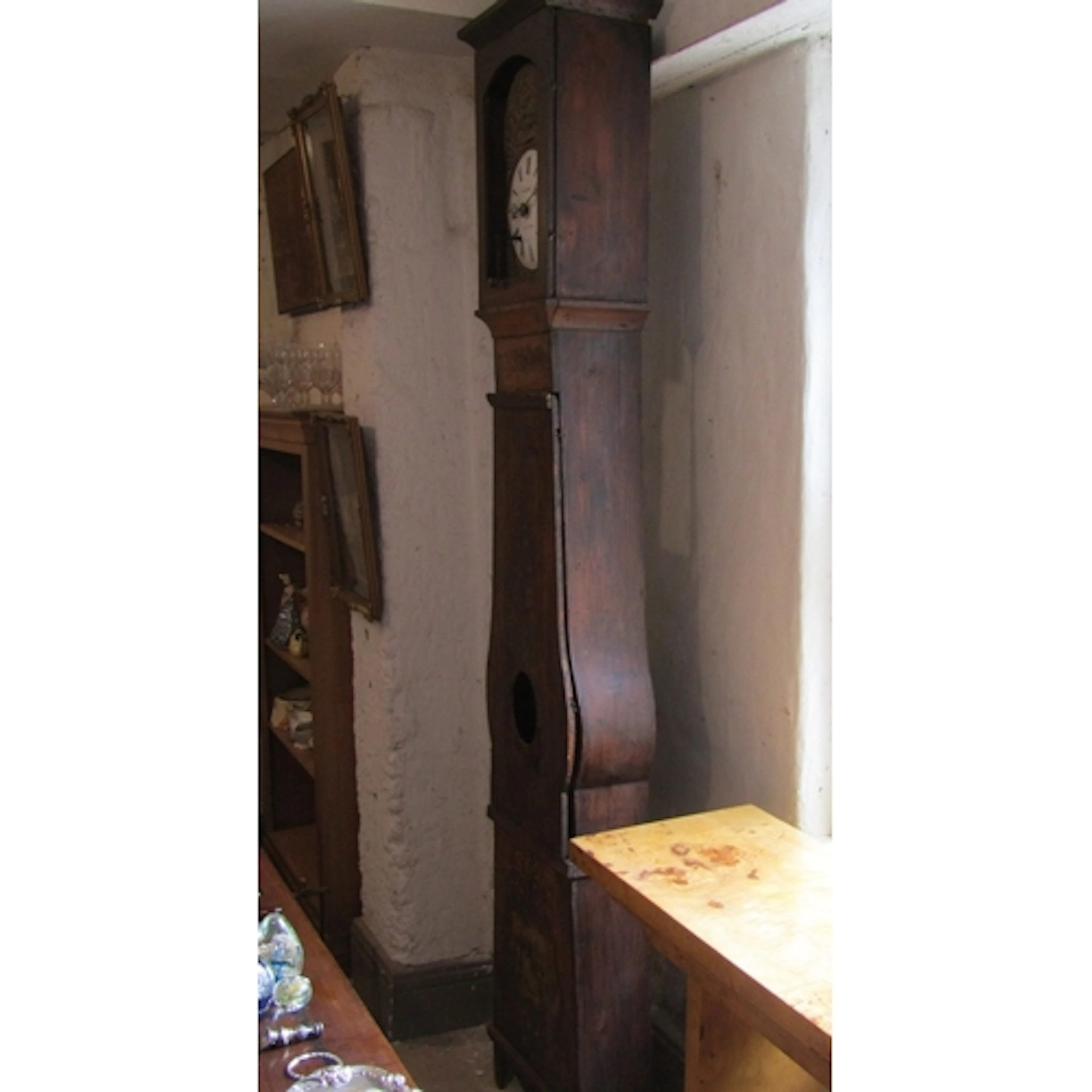 Antique Grandfather Clock Painted Pine Case with Brass Embos...