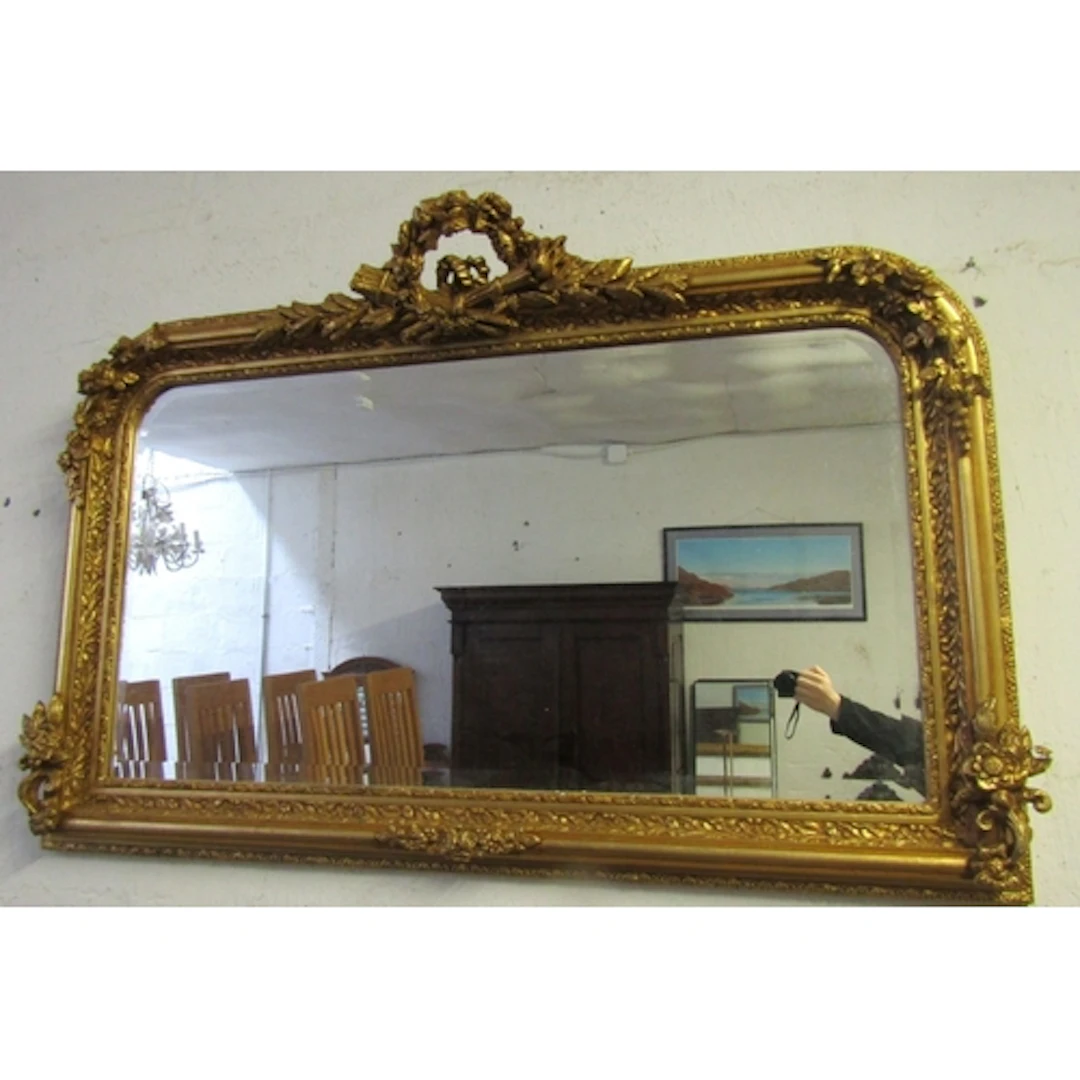 Gilded Rectangular Form Wall Mirror Upper Cartouche Decorati...