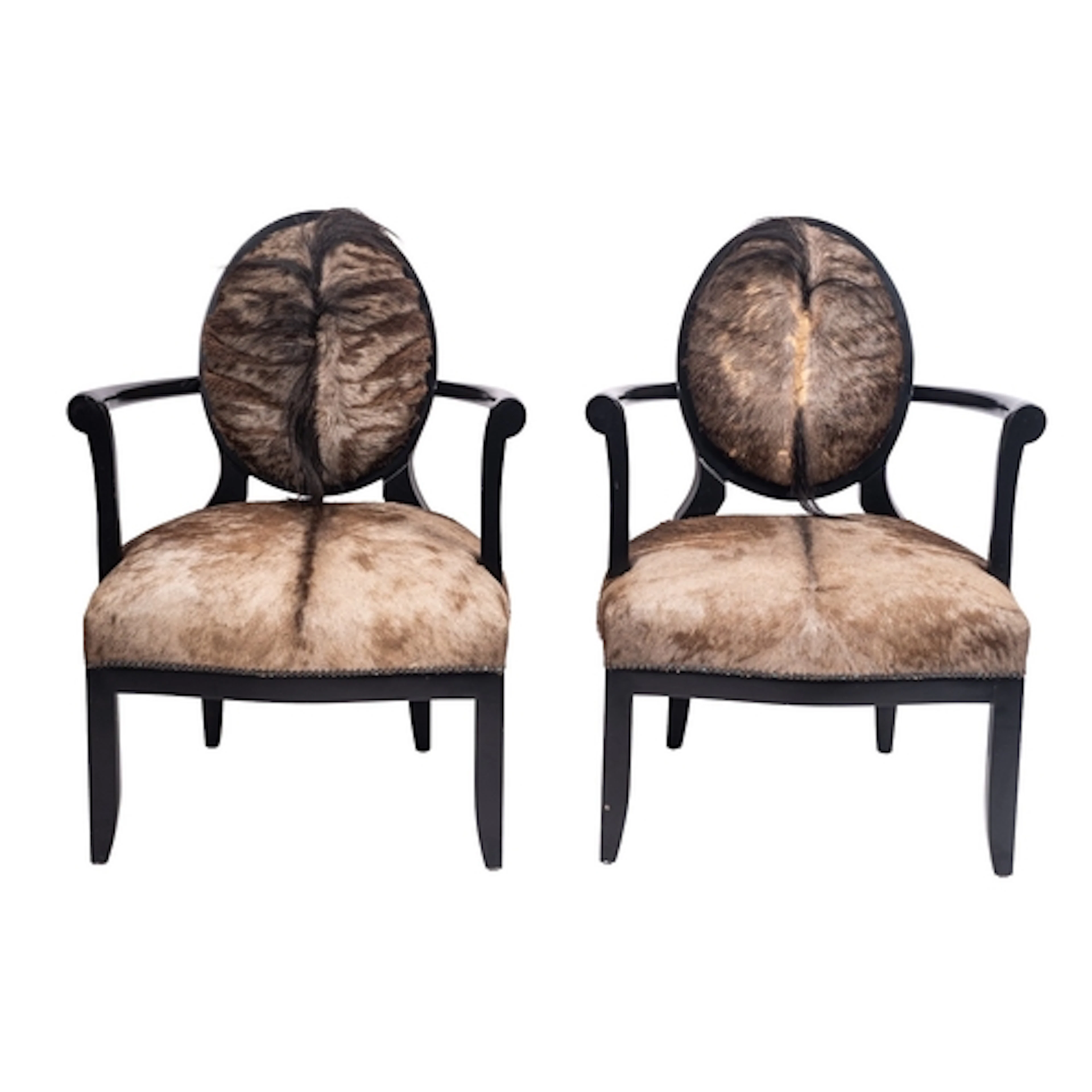 A pair of ebonised wood and upholstered elbow chairs, 20th c...