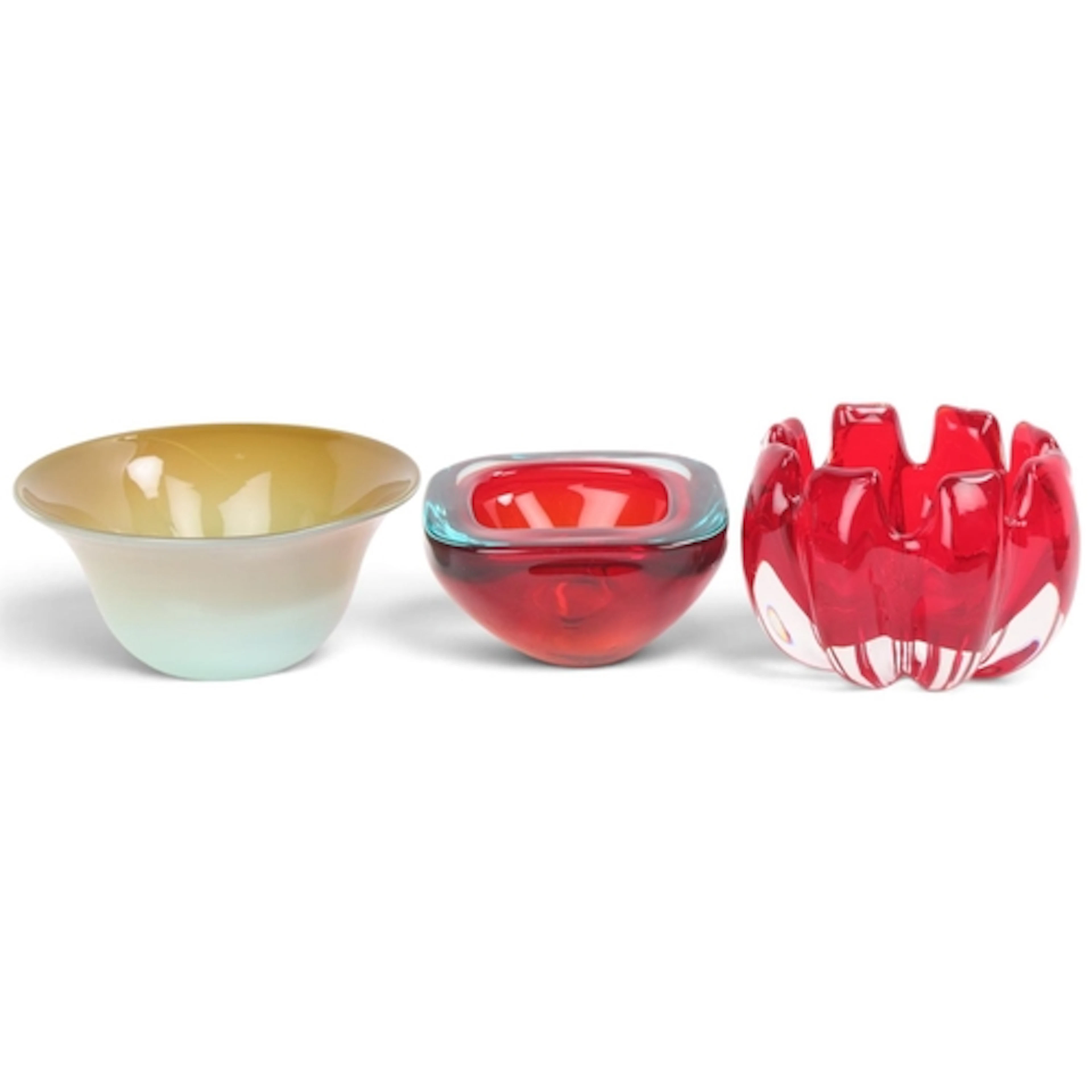 Three hand made glass bowls, including A Whitefriars Ruby ri...