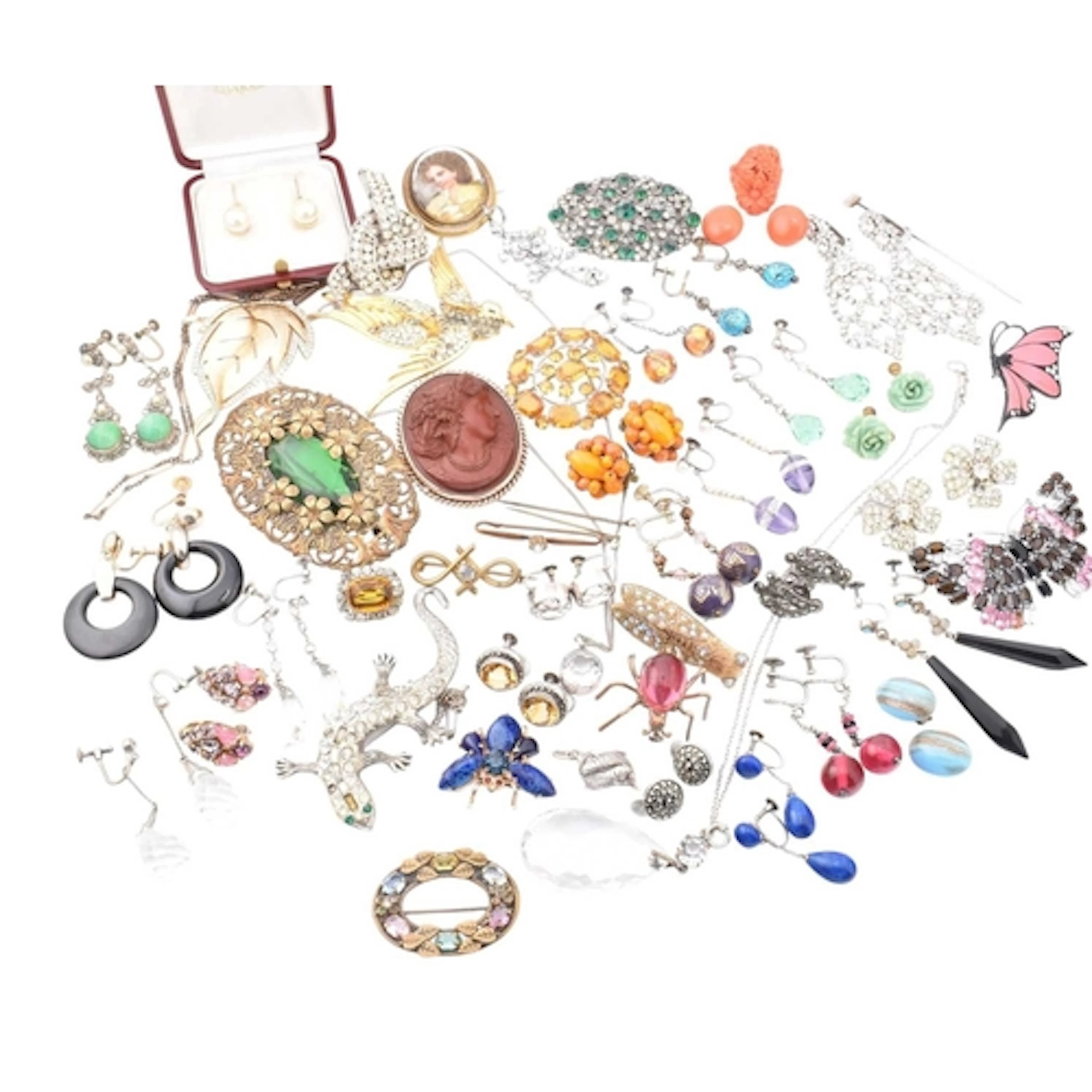 A large collection of vintage costume, silver, white metal j...