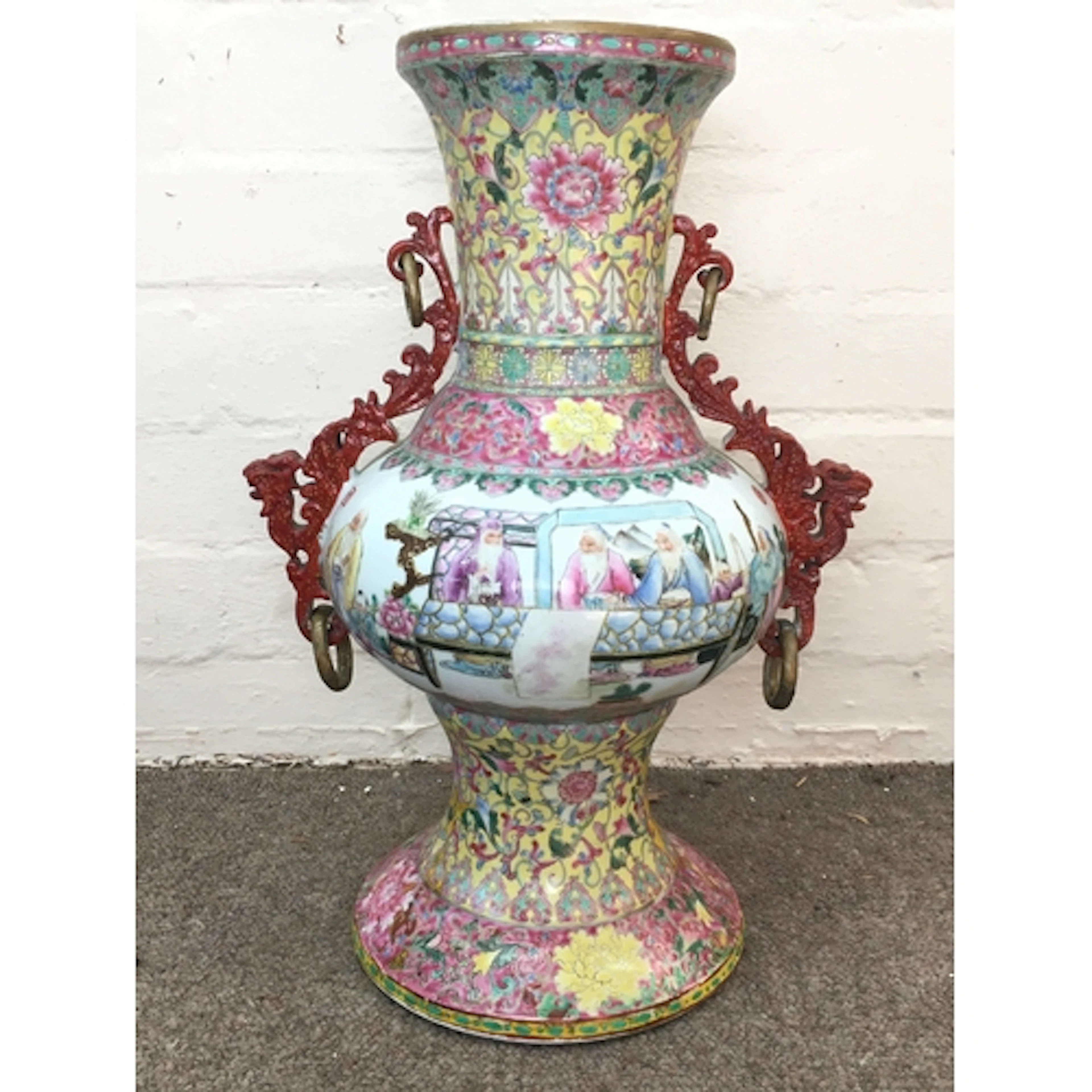 A Chinese republic famille rose vase with applied side handl...