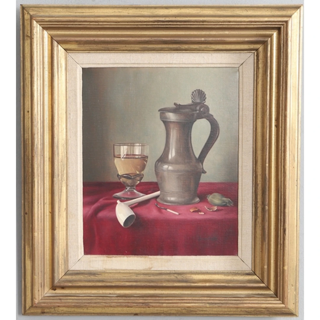 JAMES NOBLE (1919-1989). STILL LIFE OF A PEWTER TANKARD, A G...