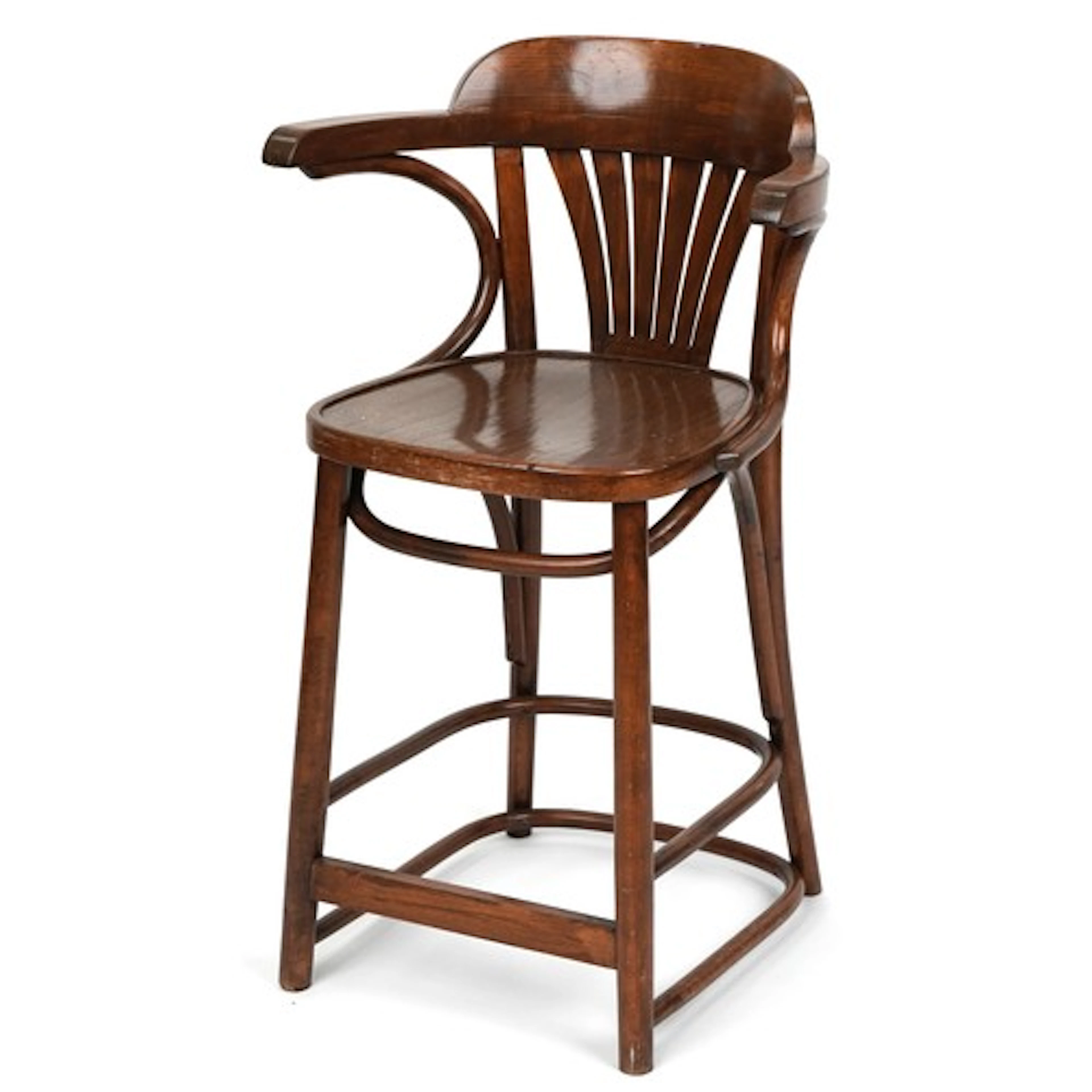 A 20th century beech bentwood highchair on turned supports, ...