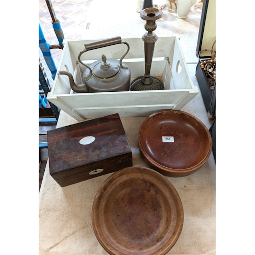 Copper candlestick and kettle, rosewood box, treen bowls etc
