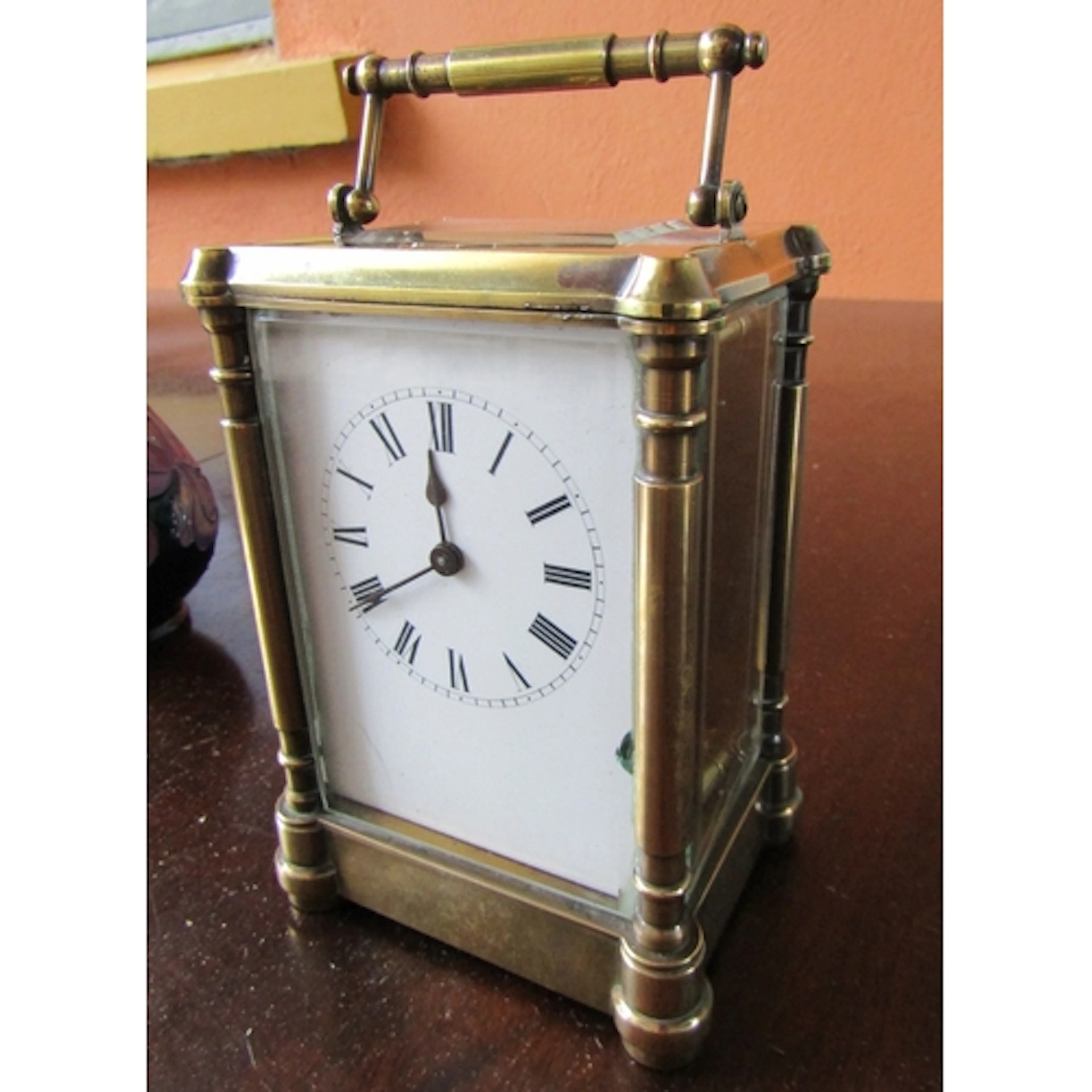 Antique Brass Bound Carriage Clock Roman Numerical Decorated...