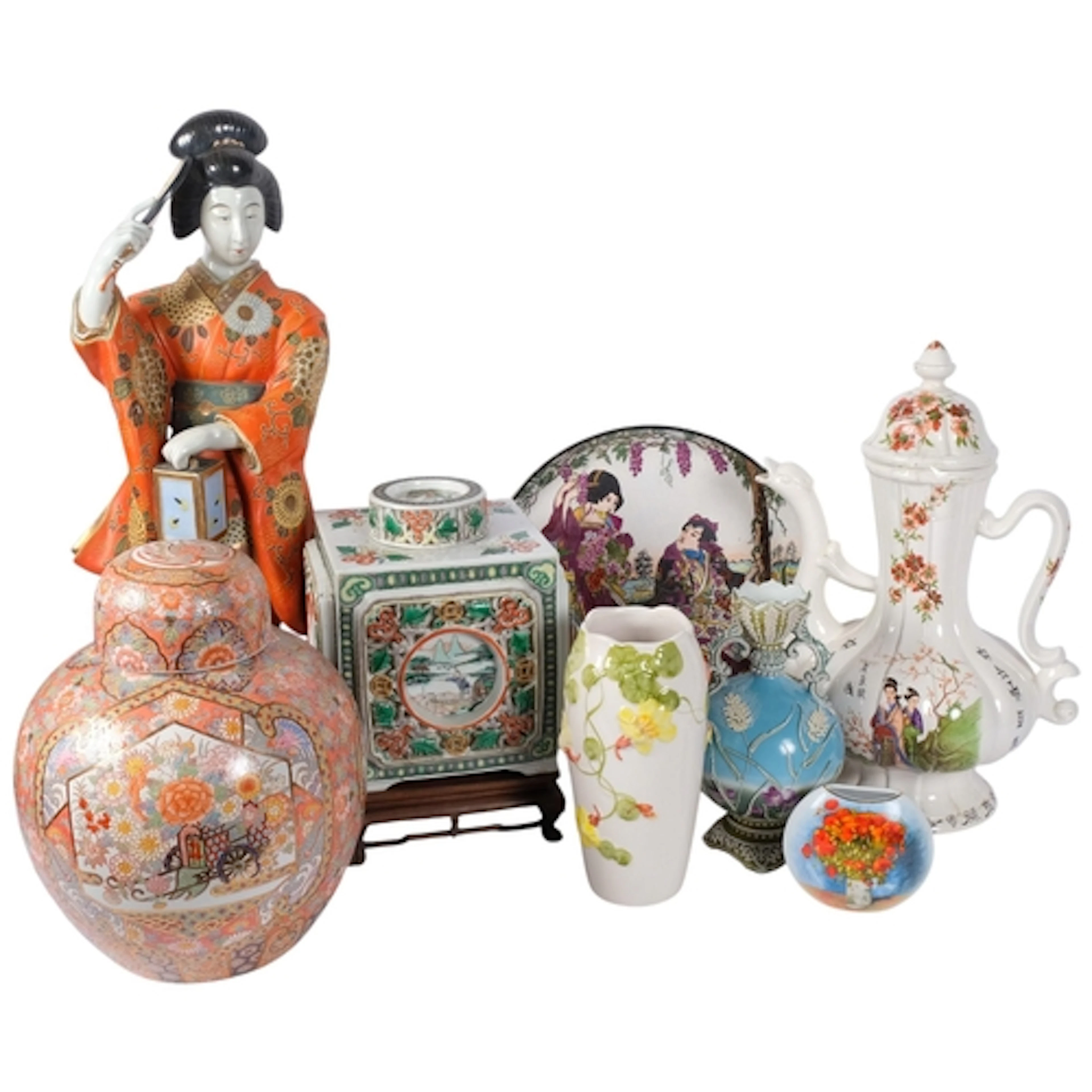 A porcelain Geisha girl, 60cm, a square ceramic jar on woode...