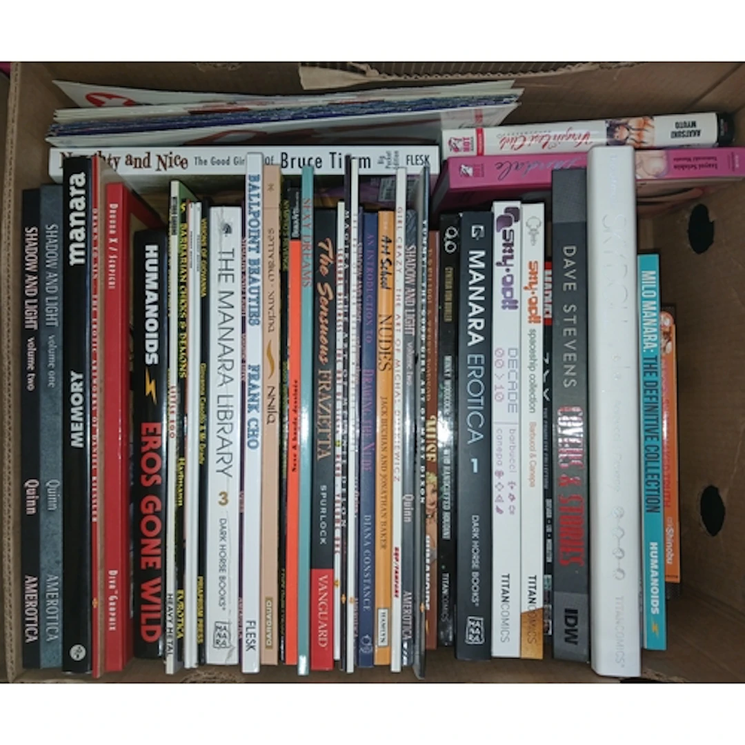 Three boxes of erotica including graphic novels, manga, Huma...