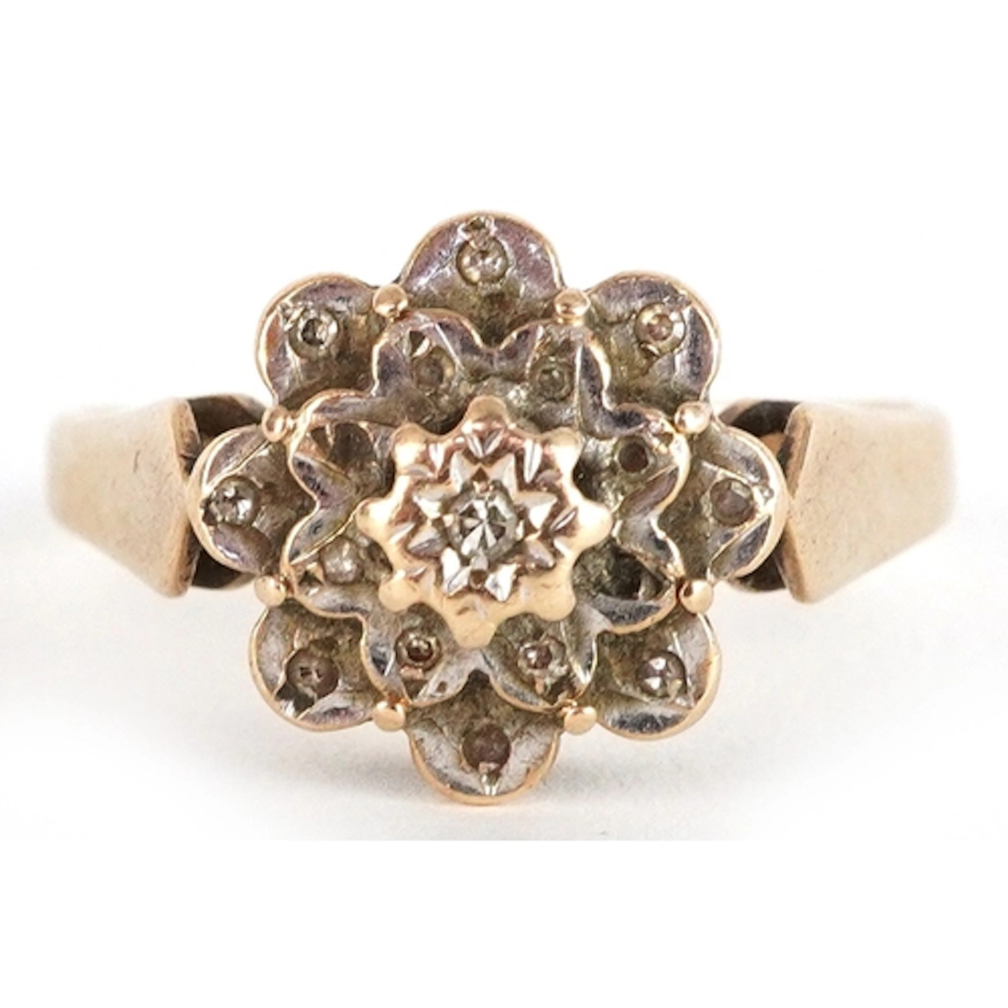9ct gold diamond three tier flower head ring, size U/V, 3.8g...