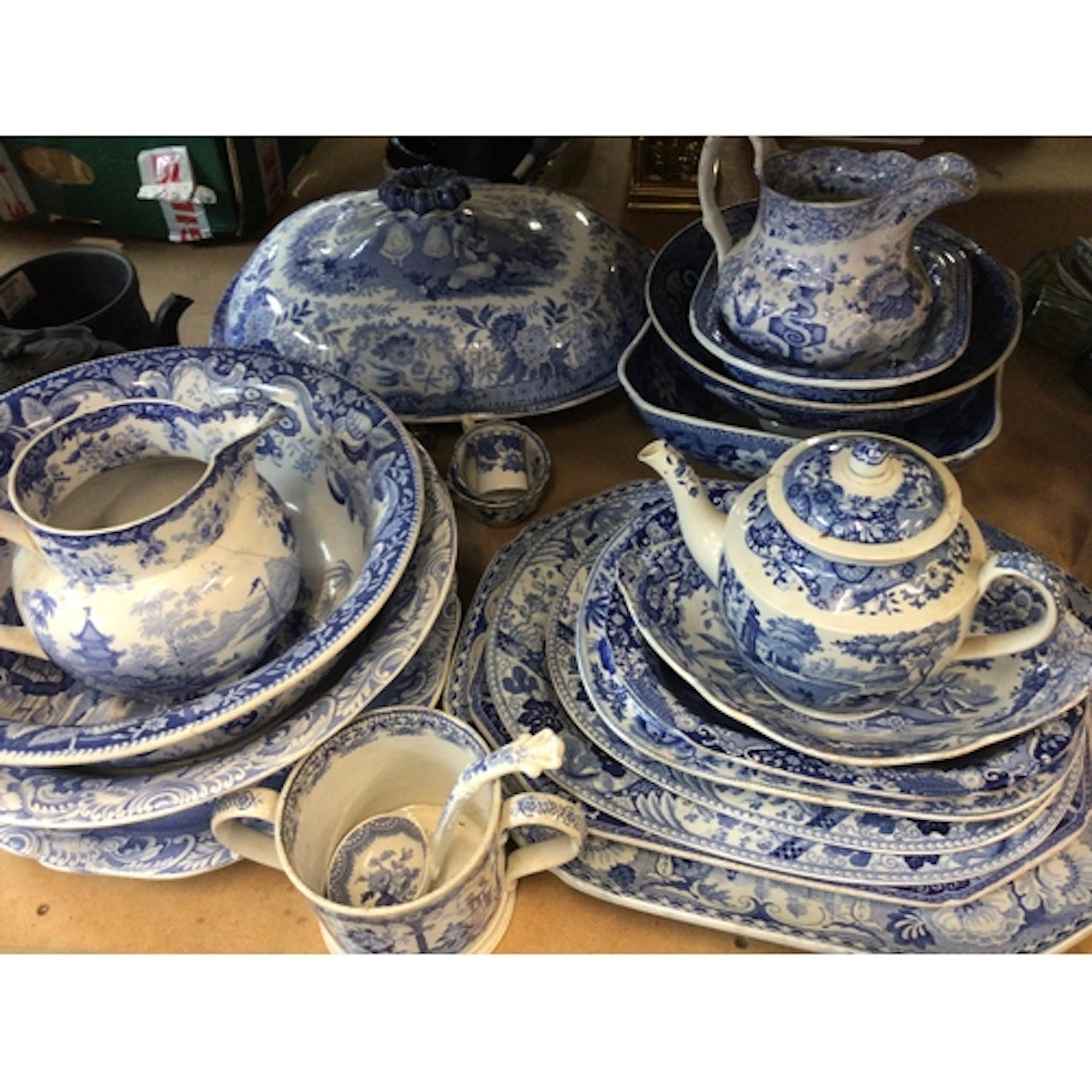 A collection of Victorian blue and white ceramics larg...