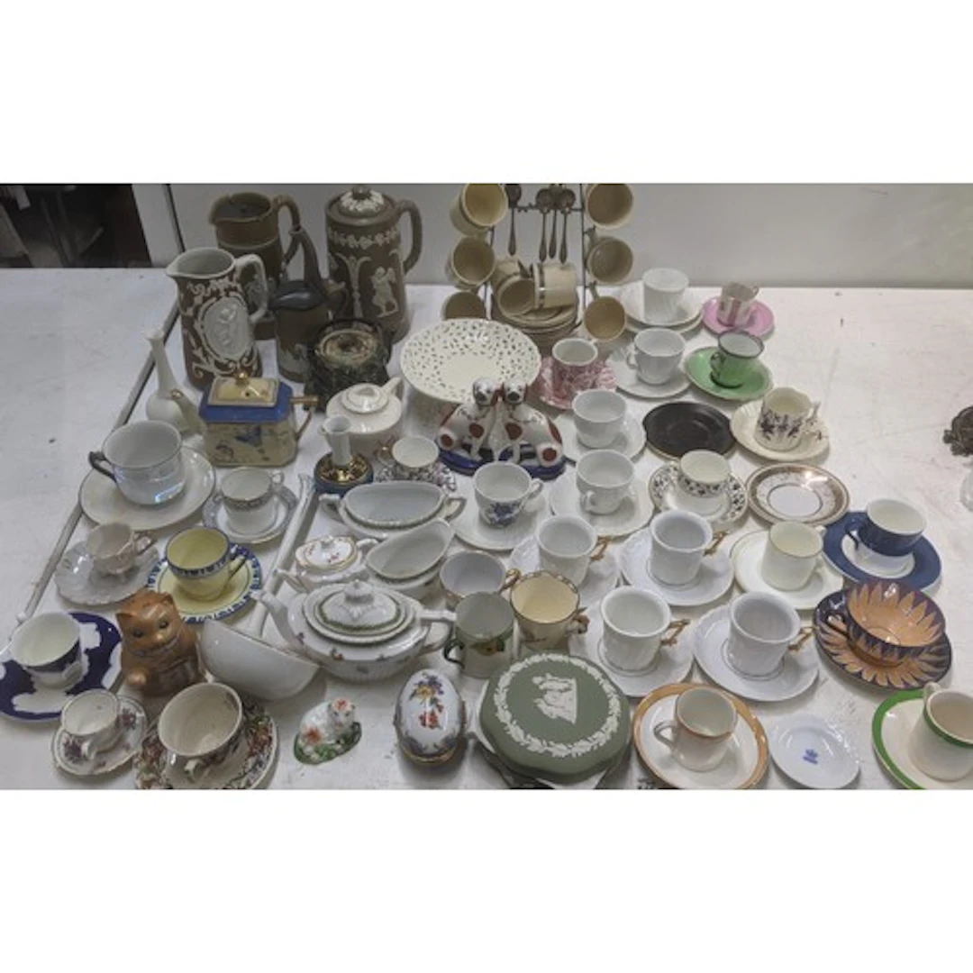 Ceramics to include a jasperware coffee pot, a pair of Staff...