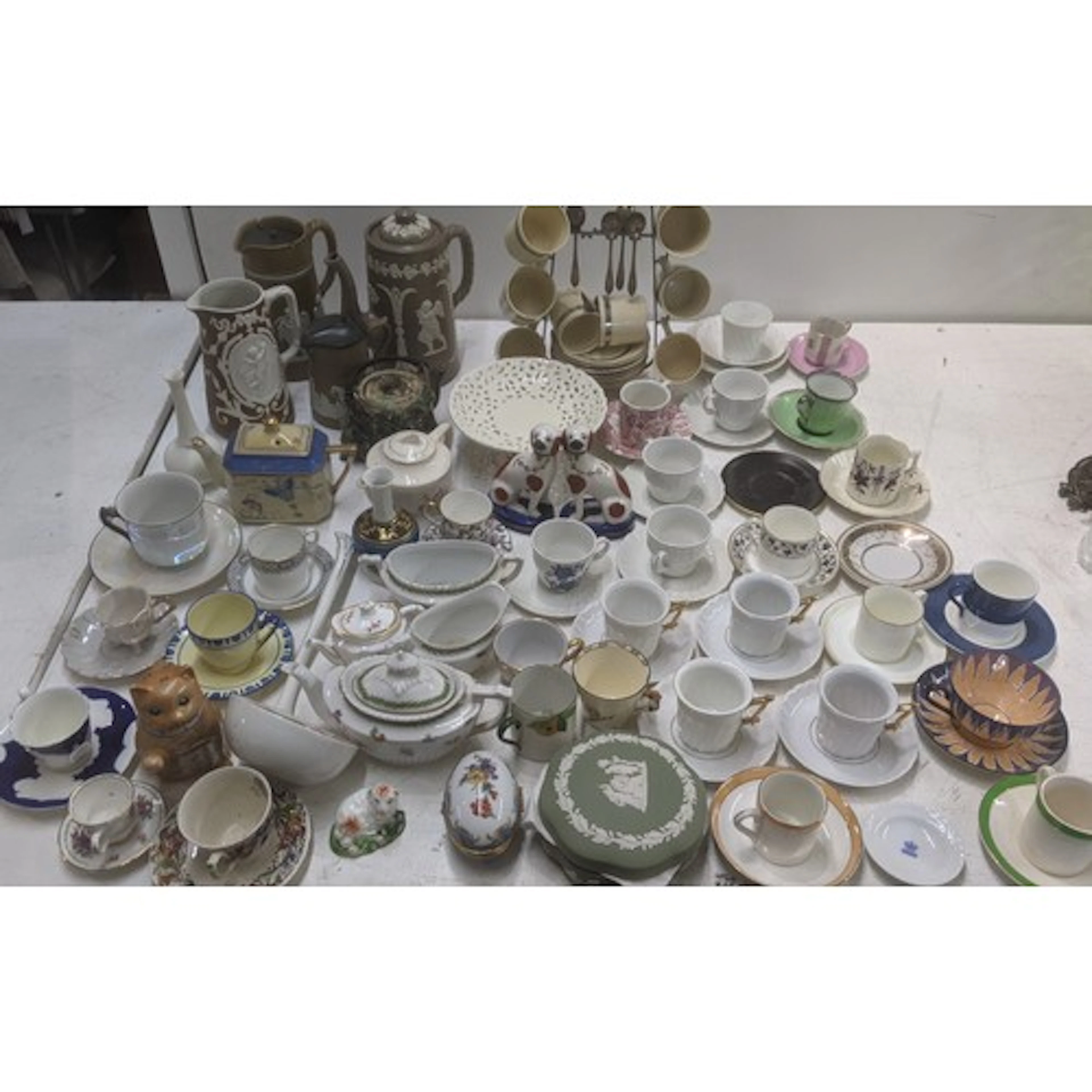 Ceramics to include a jasperware coffee pot, a pair of Staff...
