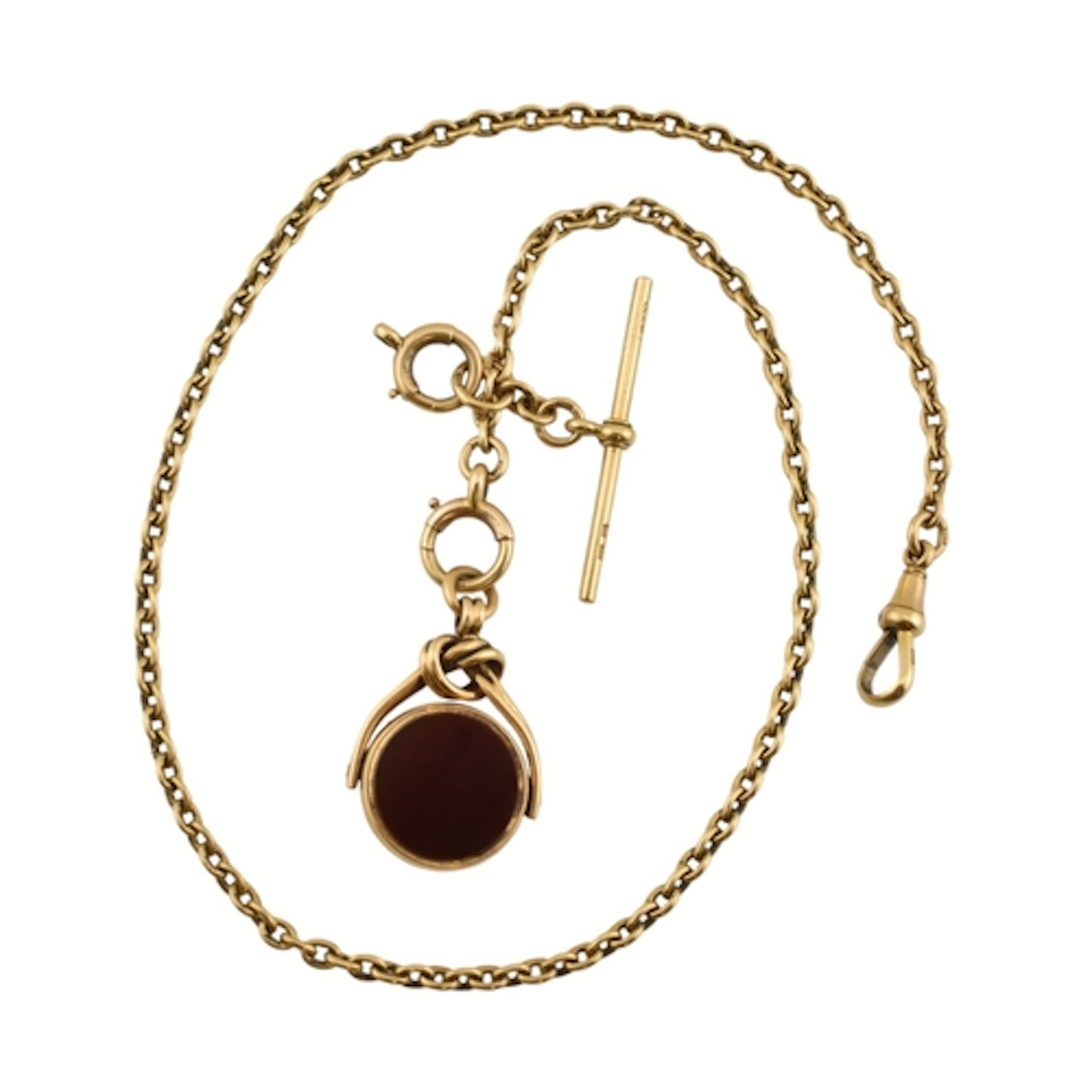 An 18ct gold watch chain and fob. The chain having t-bar, li...