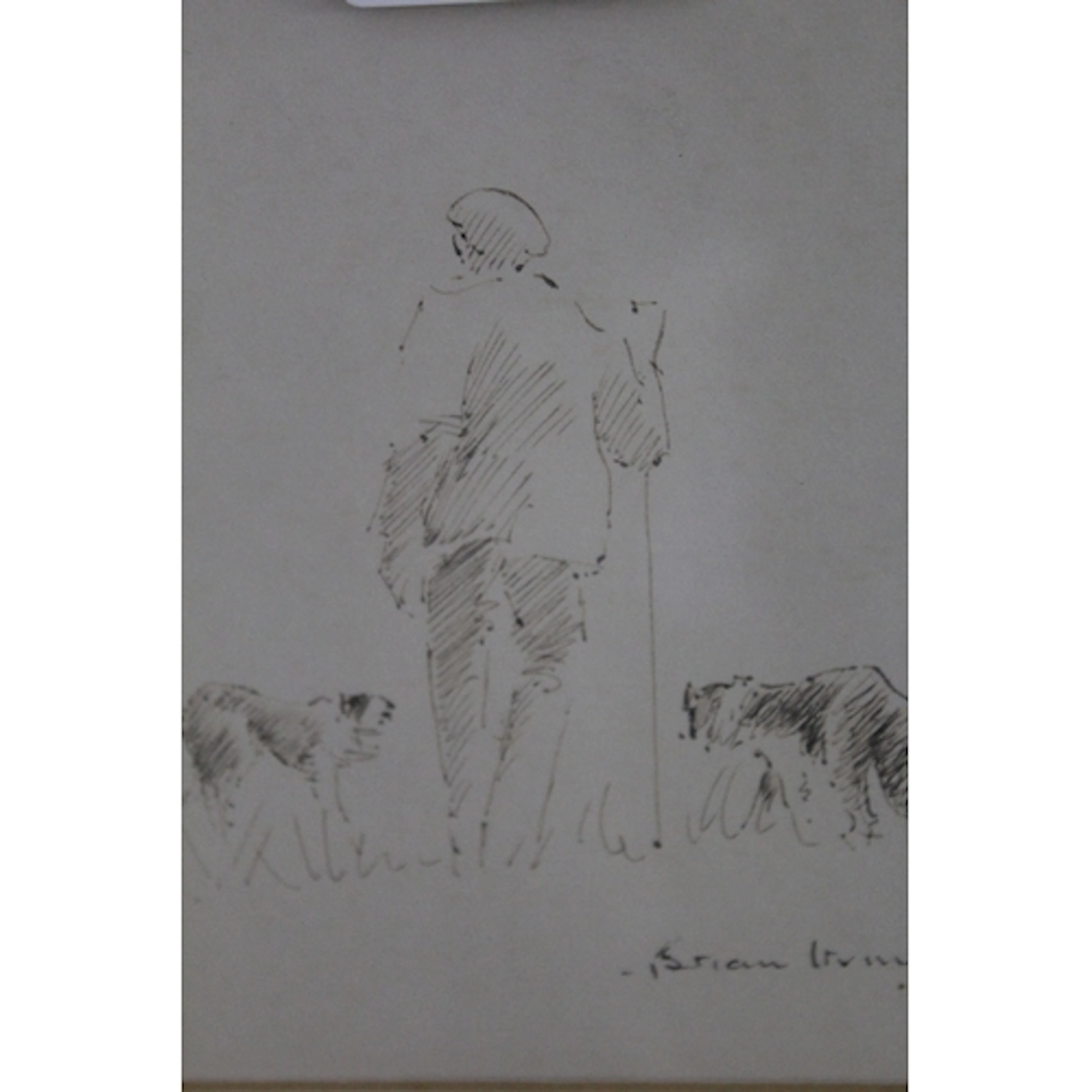 Brian Irving, small ink sketch, shepherd with a sheepdog, 12...