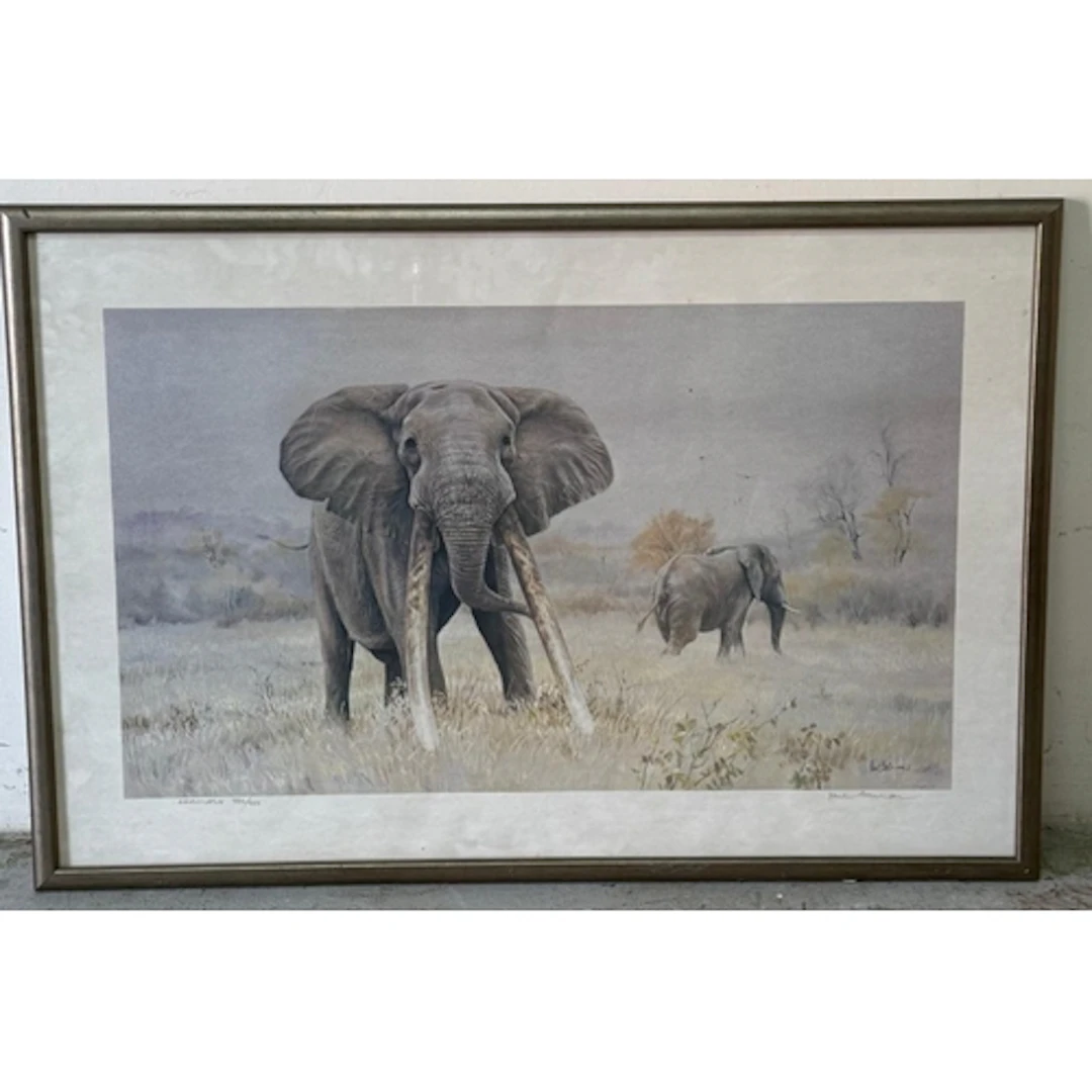 A print of two elephants titled "Mafunyane" signed and numbe...
