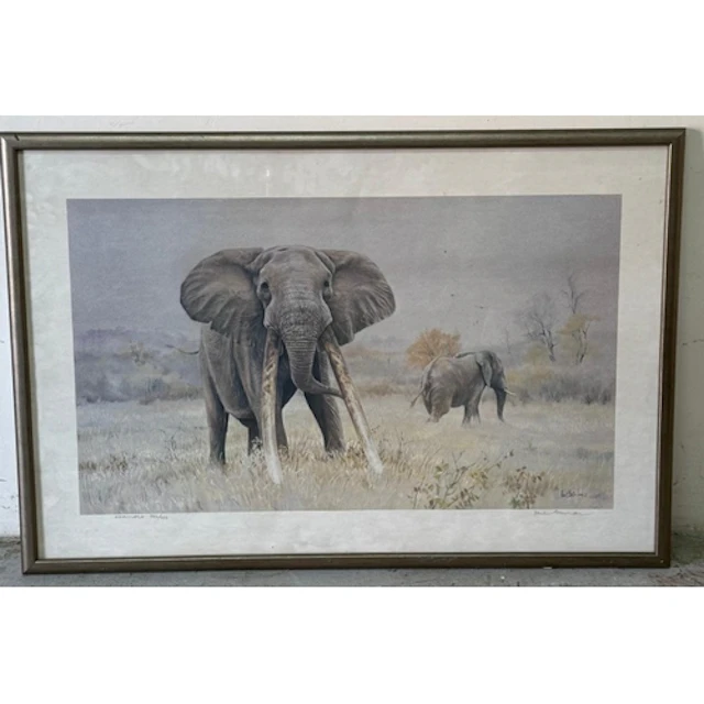 A print of two elephants titled "Mafunyane" signed and numbe...