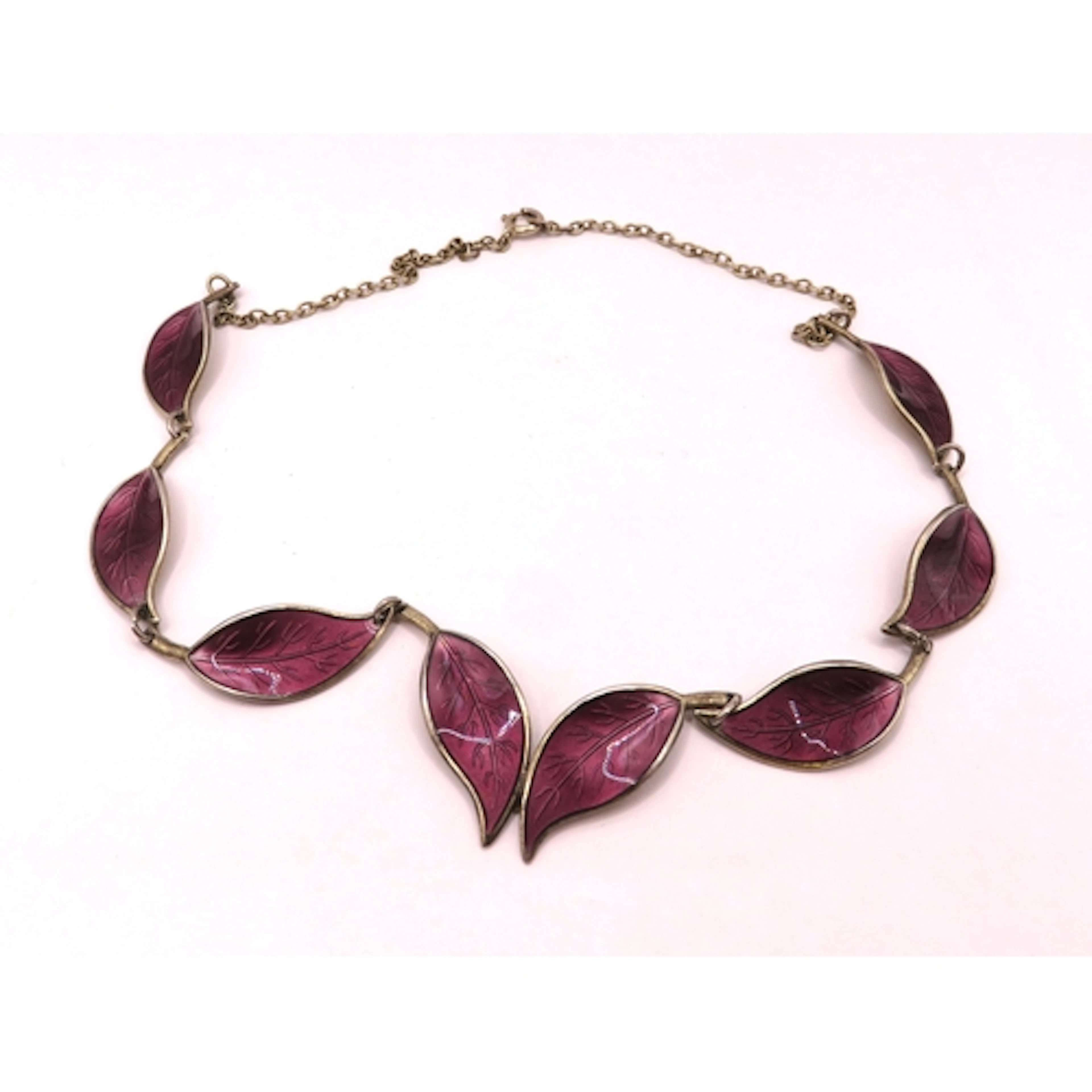 David Andersen silver and mauve enamel leaf form necklet