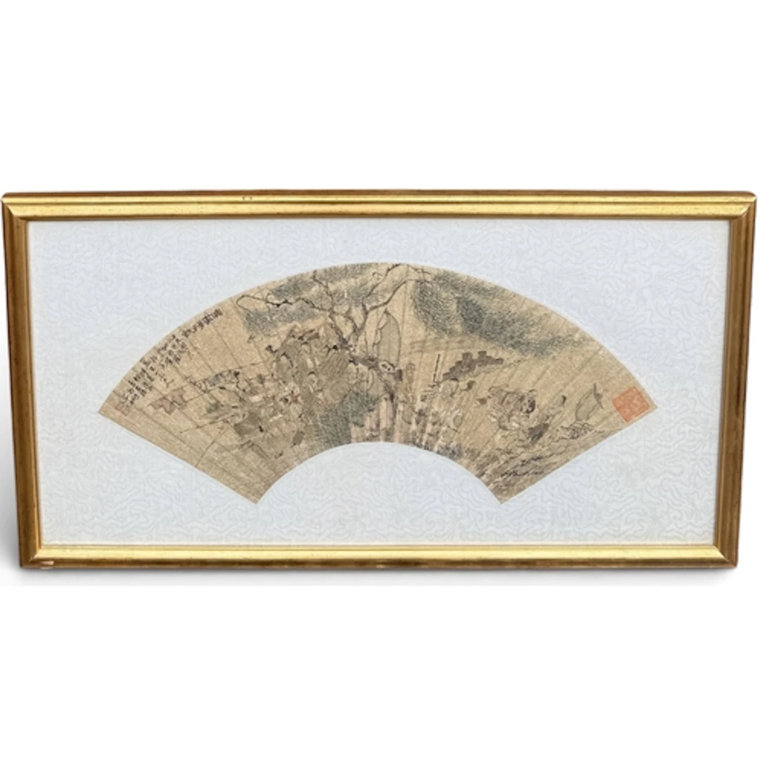 A HAND PAINTED CHINESE FAN 31cm x 62cm Framed and glazed...