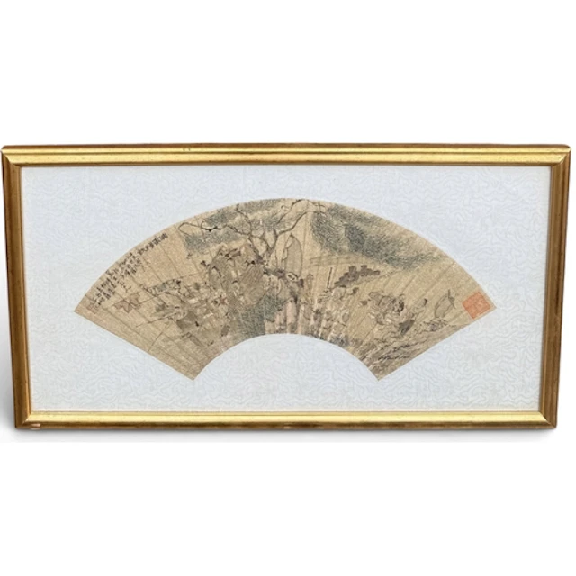 A HAND PAINTED CHINESE FAN 31cm x 62cm Framed and glazed...