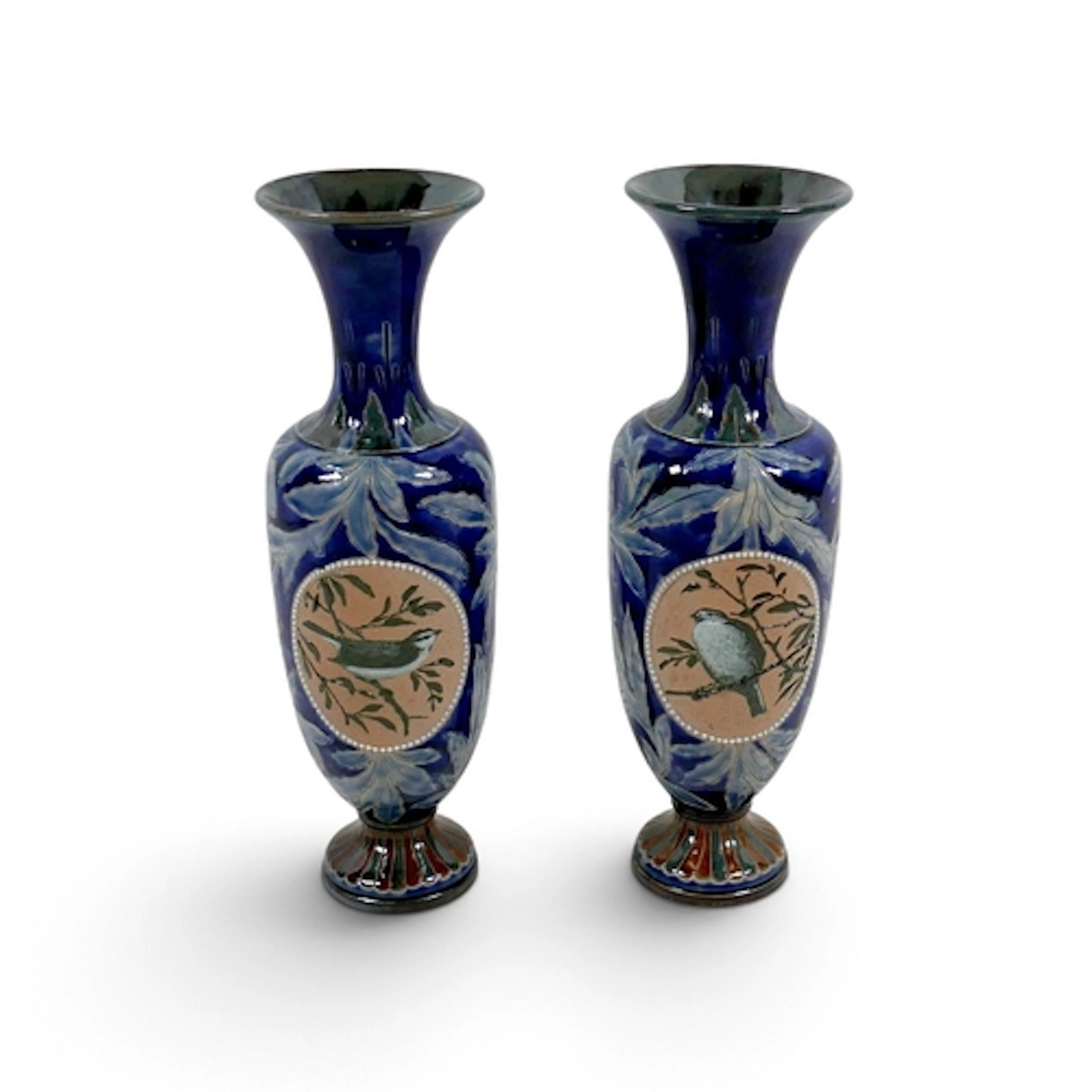 A PAIR OF DOULTON LAMBETH POTTERY VASES. circa 1900, or balu...