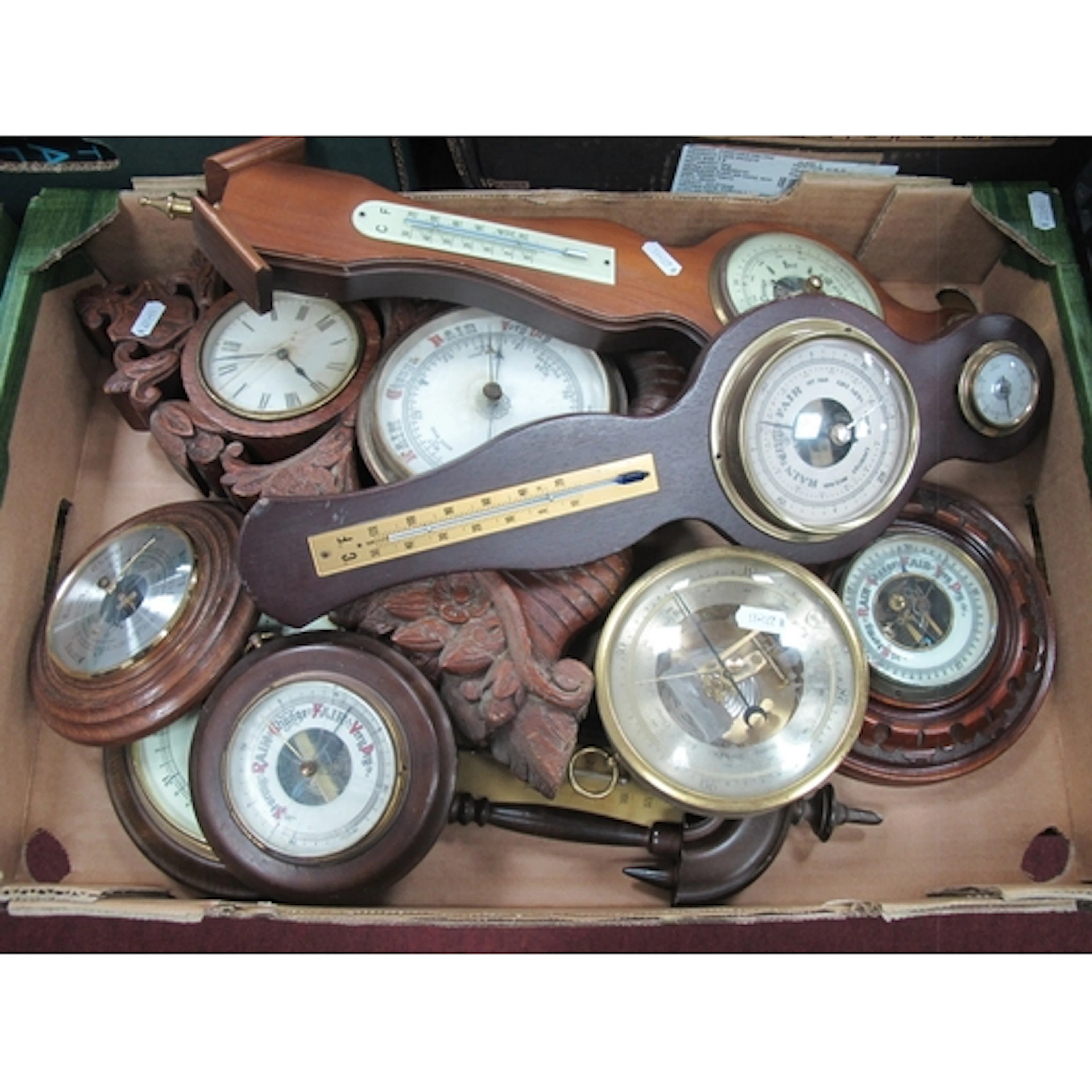 Collection of Barometers, including late Victorian carved oa...