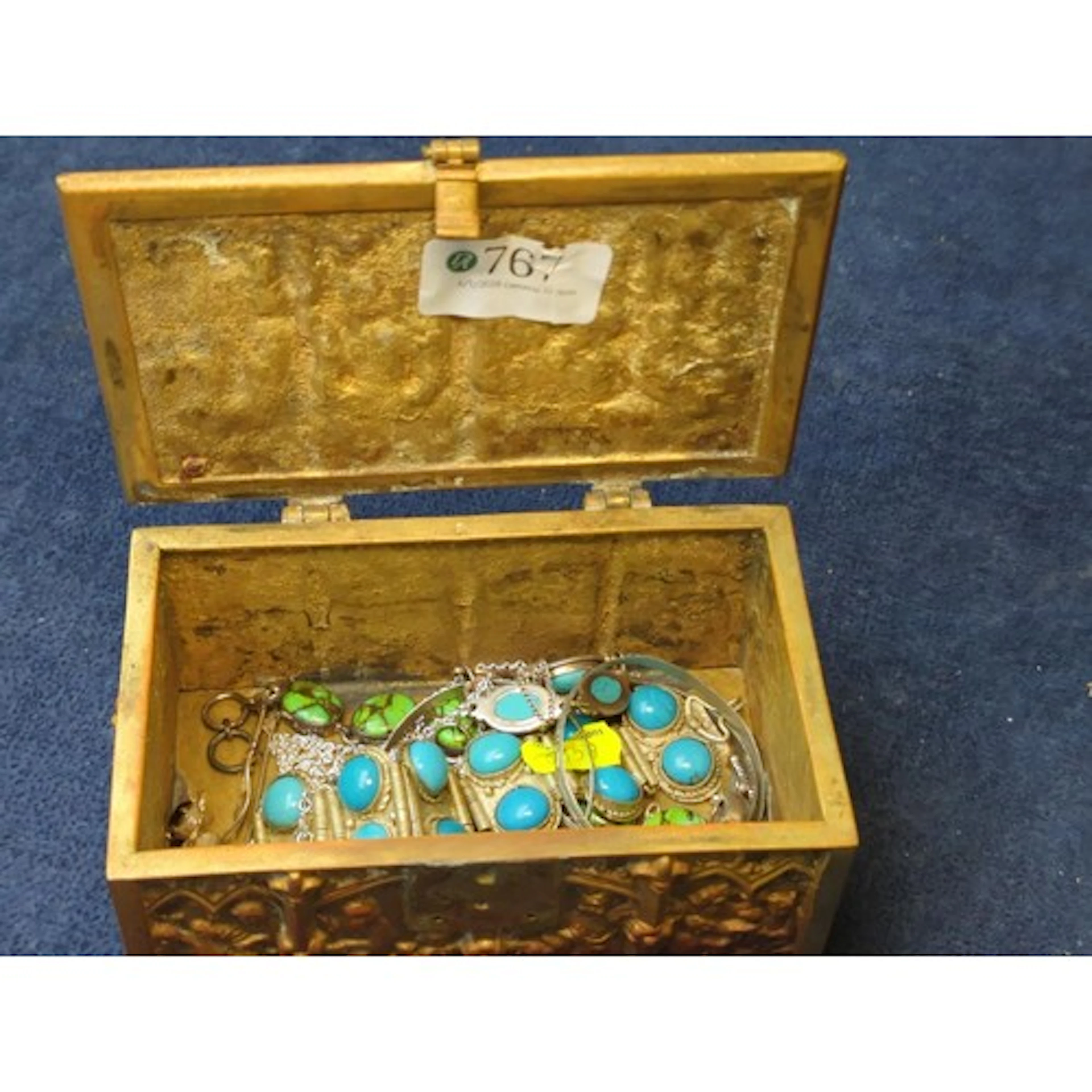 Brass trinket box with part-contents inc. bracelets, necklac...