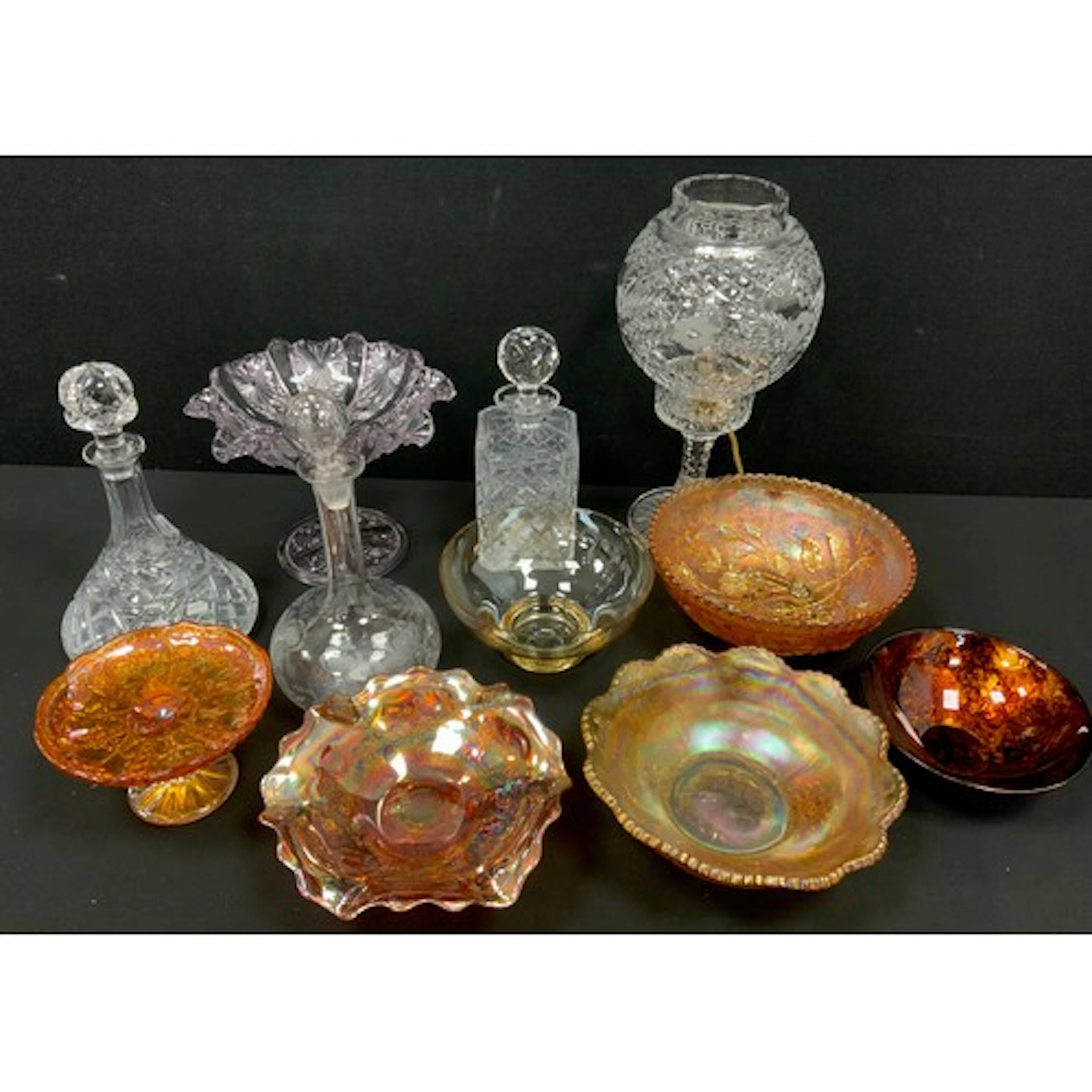 Glassware - carnival pressed glass bowls and raised dishes; ...