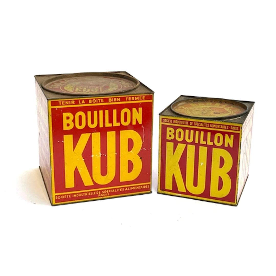 Two Bouillon KUB tins, 28cmH and 18cmH