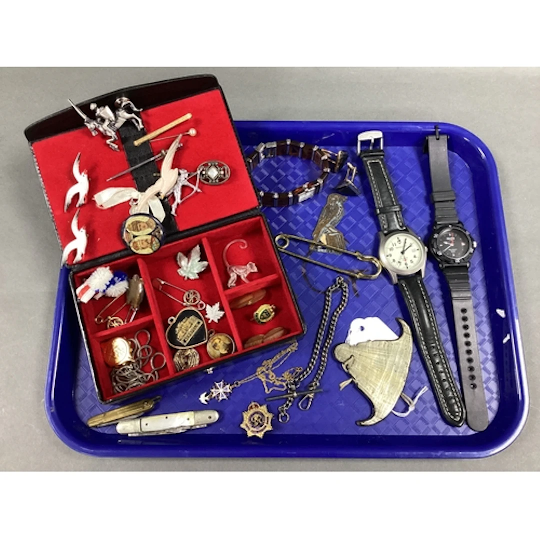 Vintage Brooches and Badges, wristwatches, pair of cufflinks...