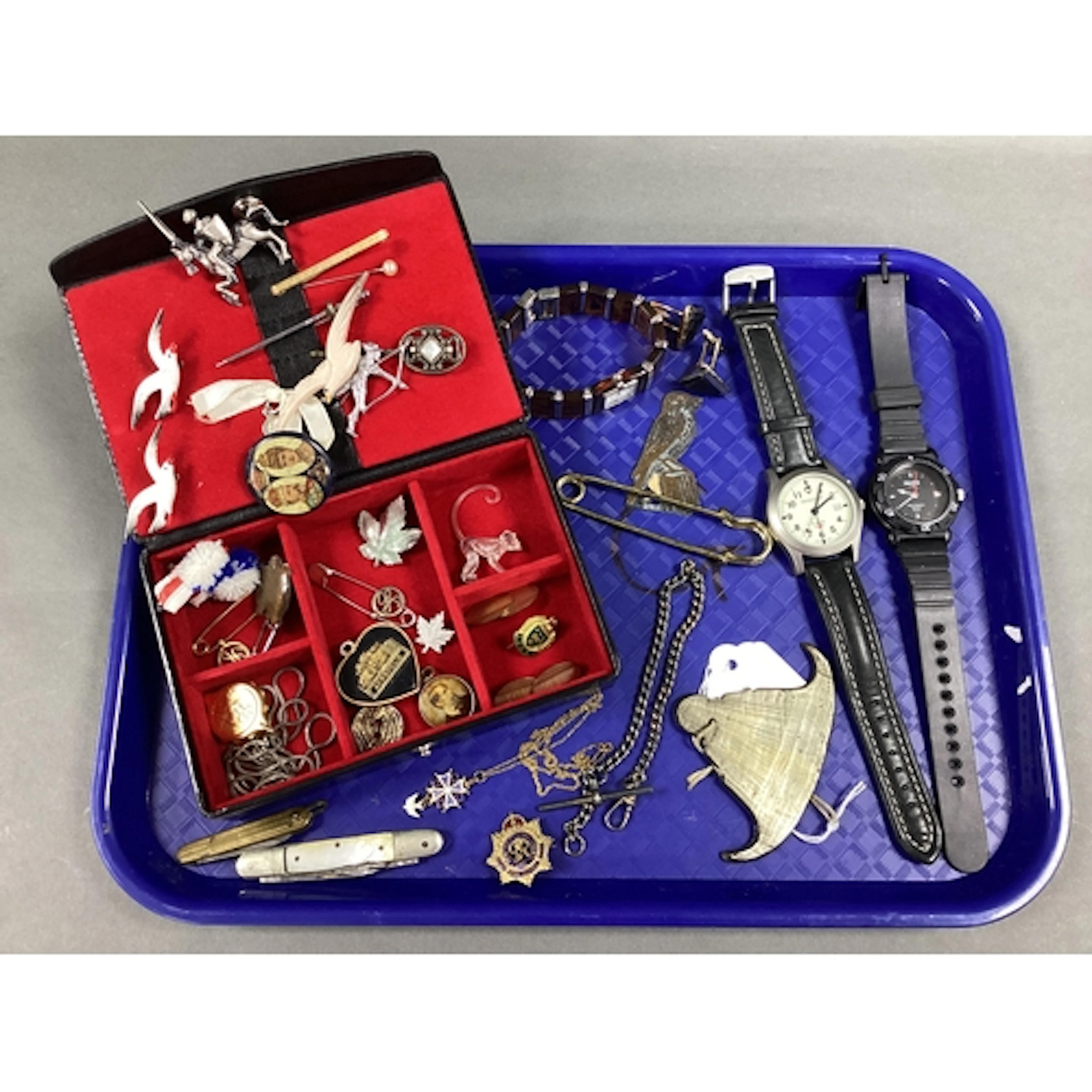 Vintage Brooches and Badges, wristwatches, pair of cufflinks...