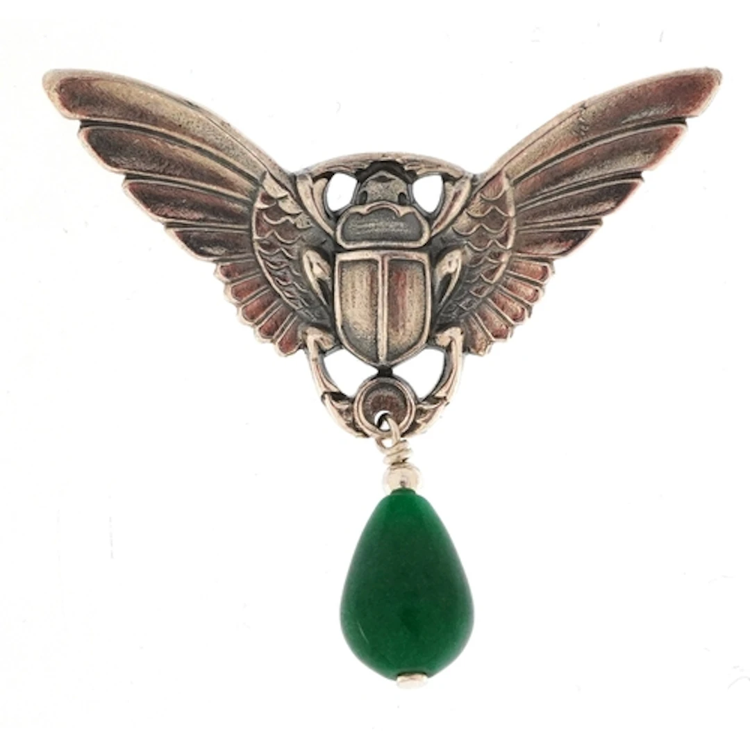 Egyptian Revival sterling silver and green stone scarab beet...