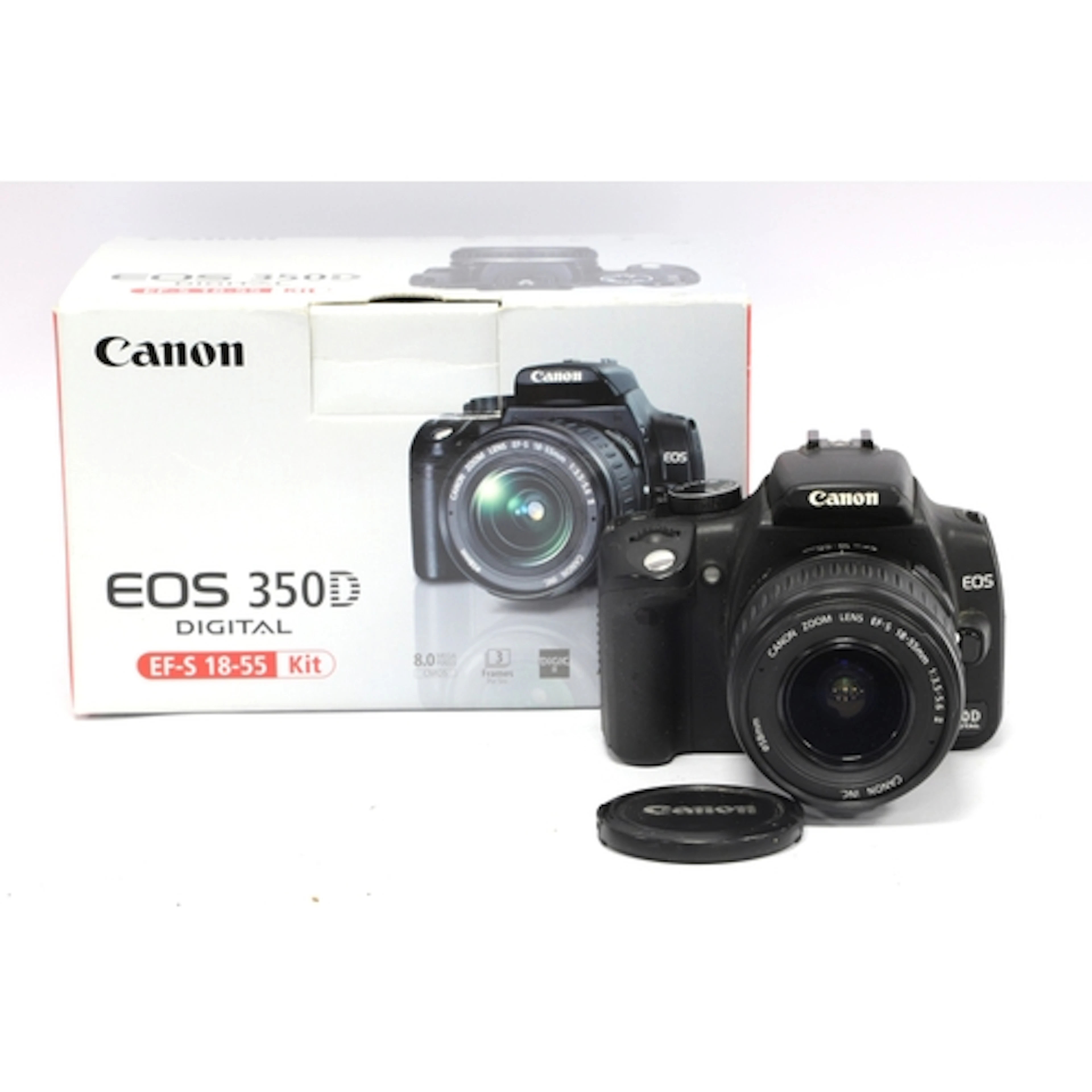 Canon EOS 350D DSLR Camera with attached Canon EF-S 18-55mm ...