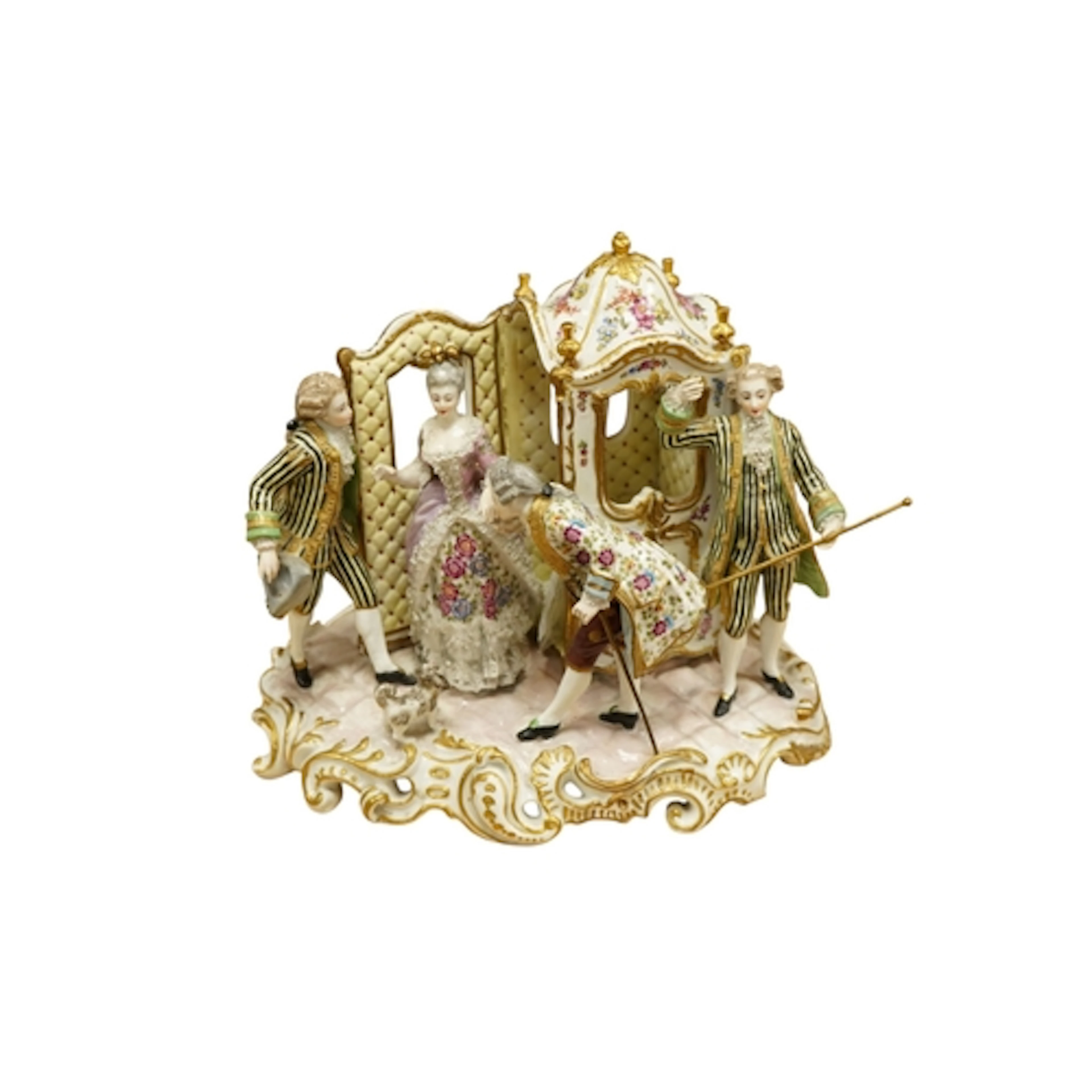 A Samson, Meissen style porcelain sedan chair group, restore...