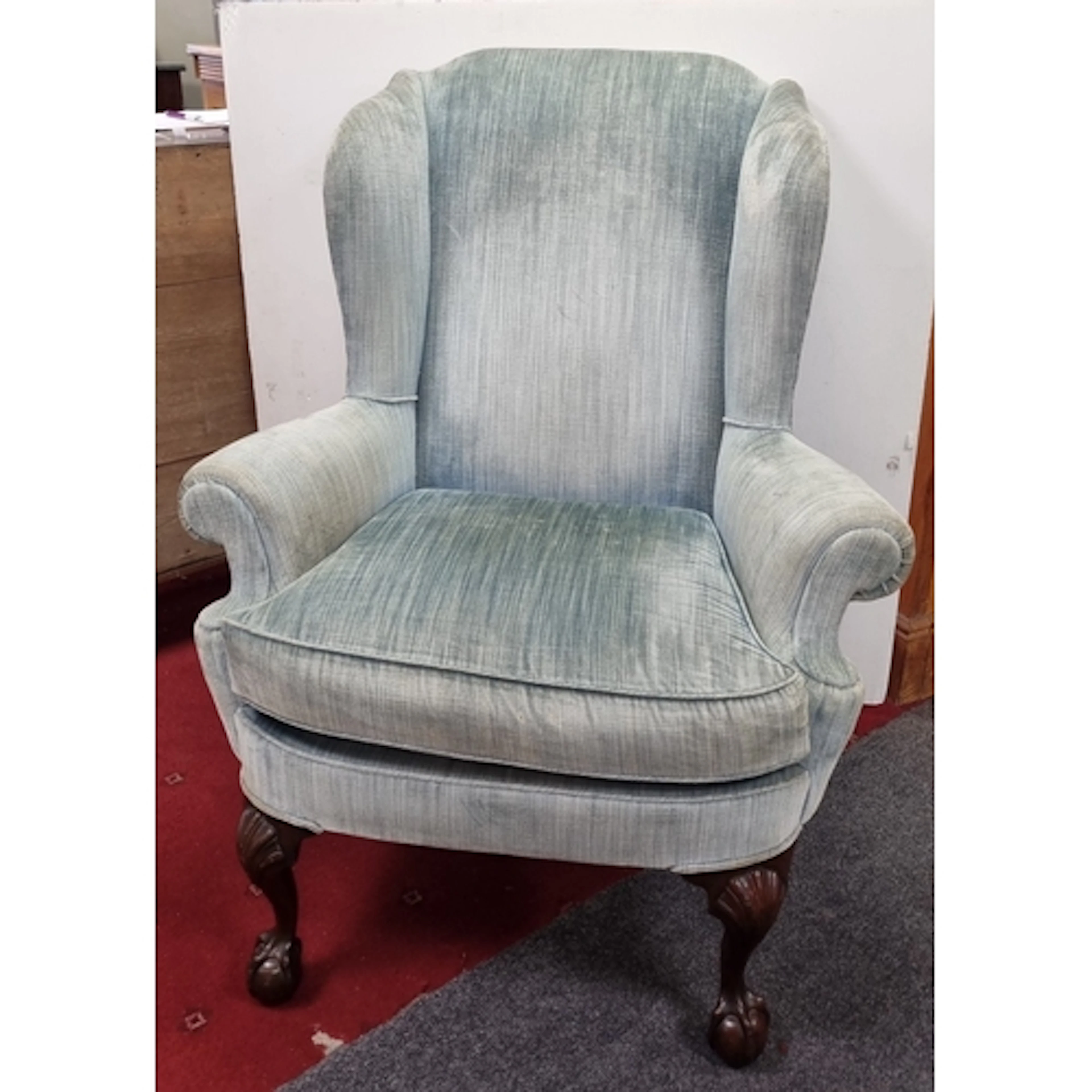 Chippendale-style upholstered wingback armchair, aquamarine ...